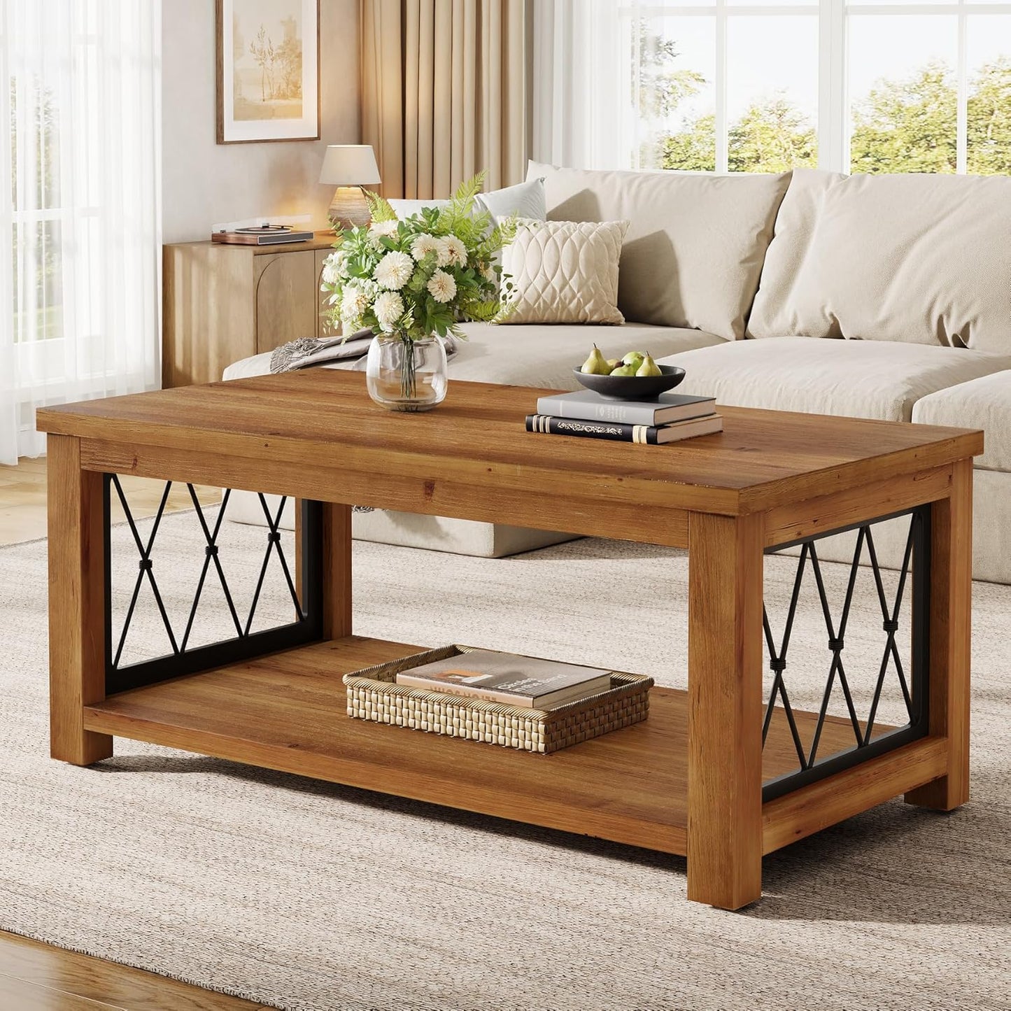47.2" Solid Wood Coffee Table, 2-Tier Storage Design, Farmhouse Rectangular Center Cocktail Table, Rhomboid Metal Frame, for Living Room, Office, Balcony, Easy Assembly