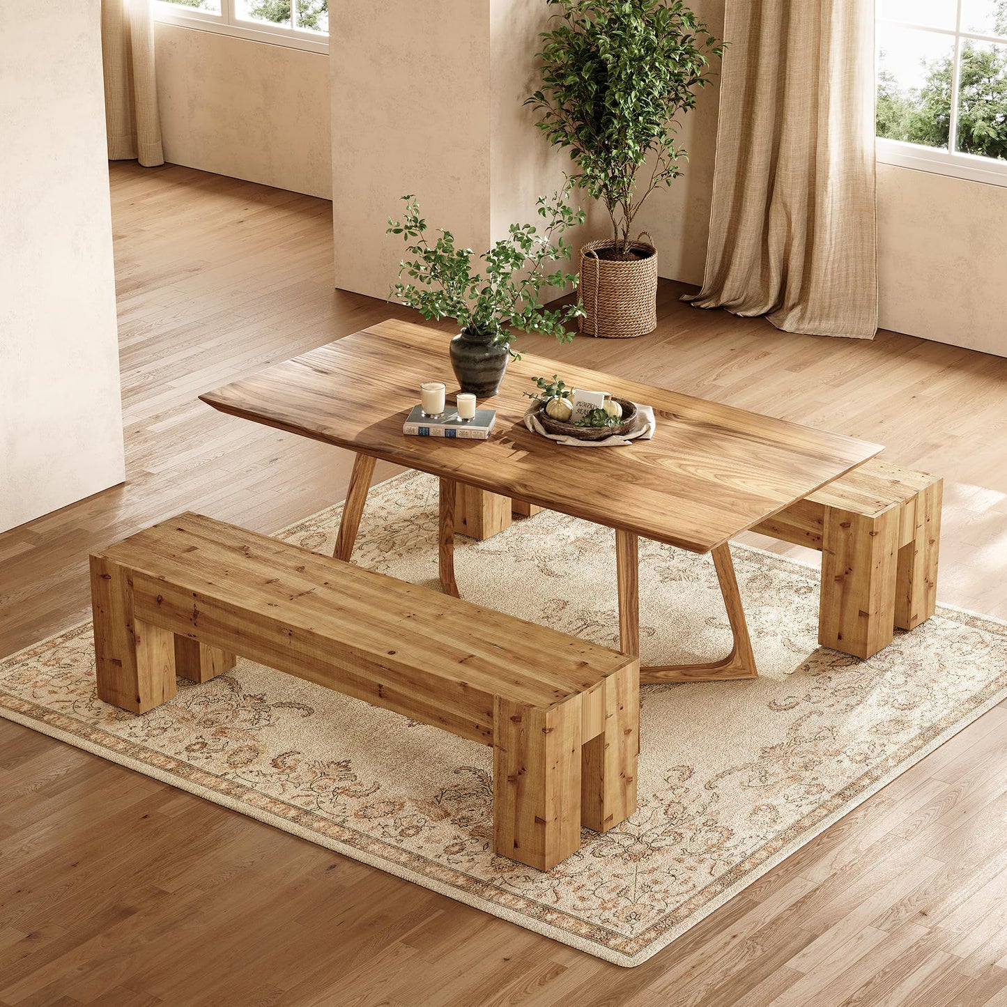 Solid Wood Dining Bench, Farmhouse Heavy Duty Kitchen Table Bench Seat with Sturdy Frame for Dining Room, Kitchen, Entryway (Rustic Brown)