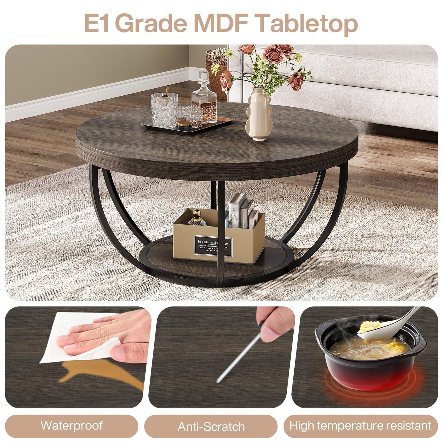 Tribesigns Round Coffee Table, 31.7" Wooden 2-Tier Circle Coffee Table with Storage Shelves, Modern Accent Cocktail Table Center Table for Living Room, Grey