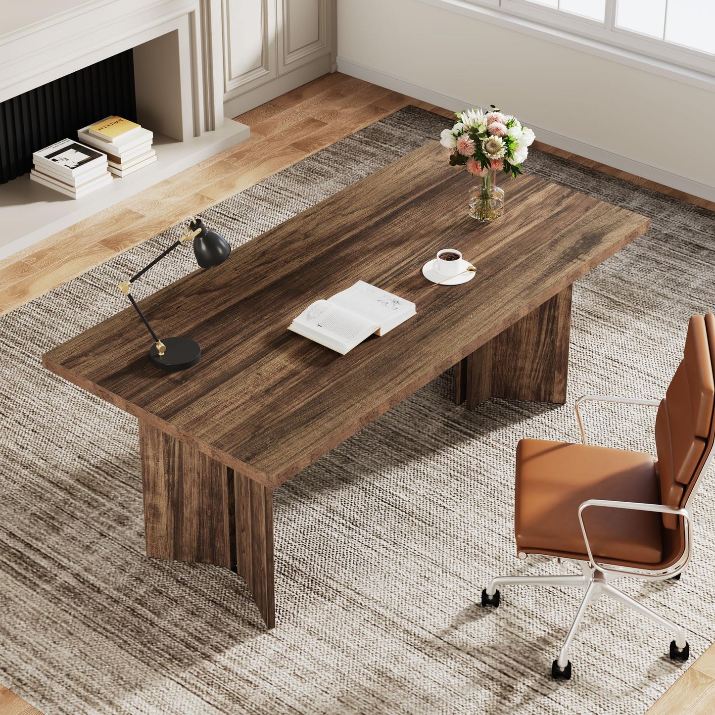 Tribesigns 63-inch Executive Desk, Vintage Home Office Computer Desk with Large Tabletop, Farmhouse Wood Writing Conference Table Workstation for Office, Study, Walnut Brown