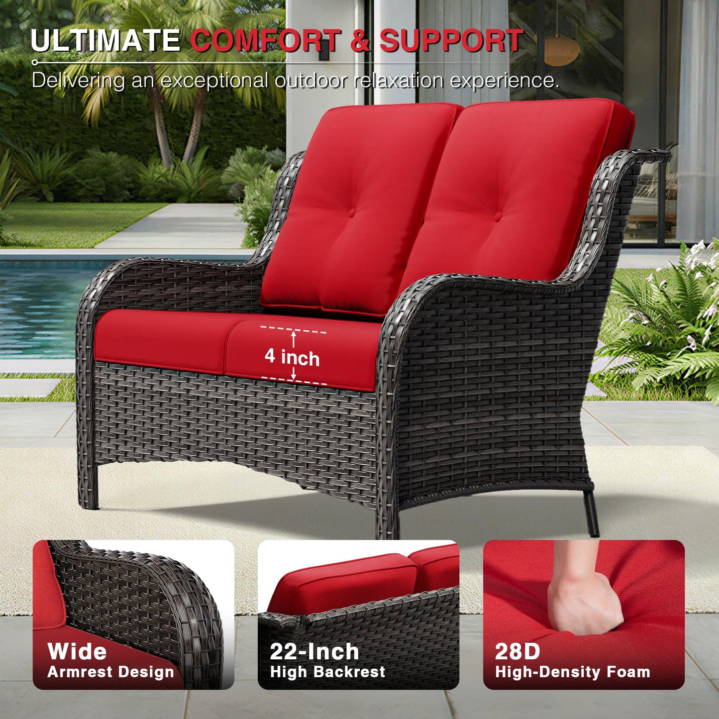 Joyside Outdoor Patio Couch,Outdoor Wicker Loveseat with High Back, Deep Seating, Wide Armrest, Thickened Cushions, Patio Loveseat for Deck, Porch Use