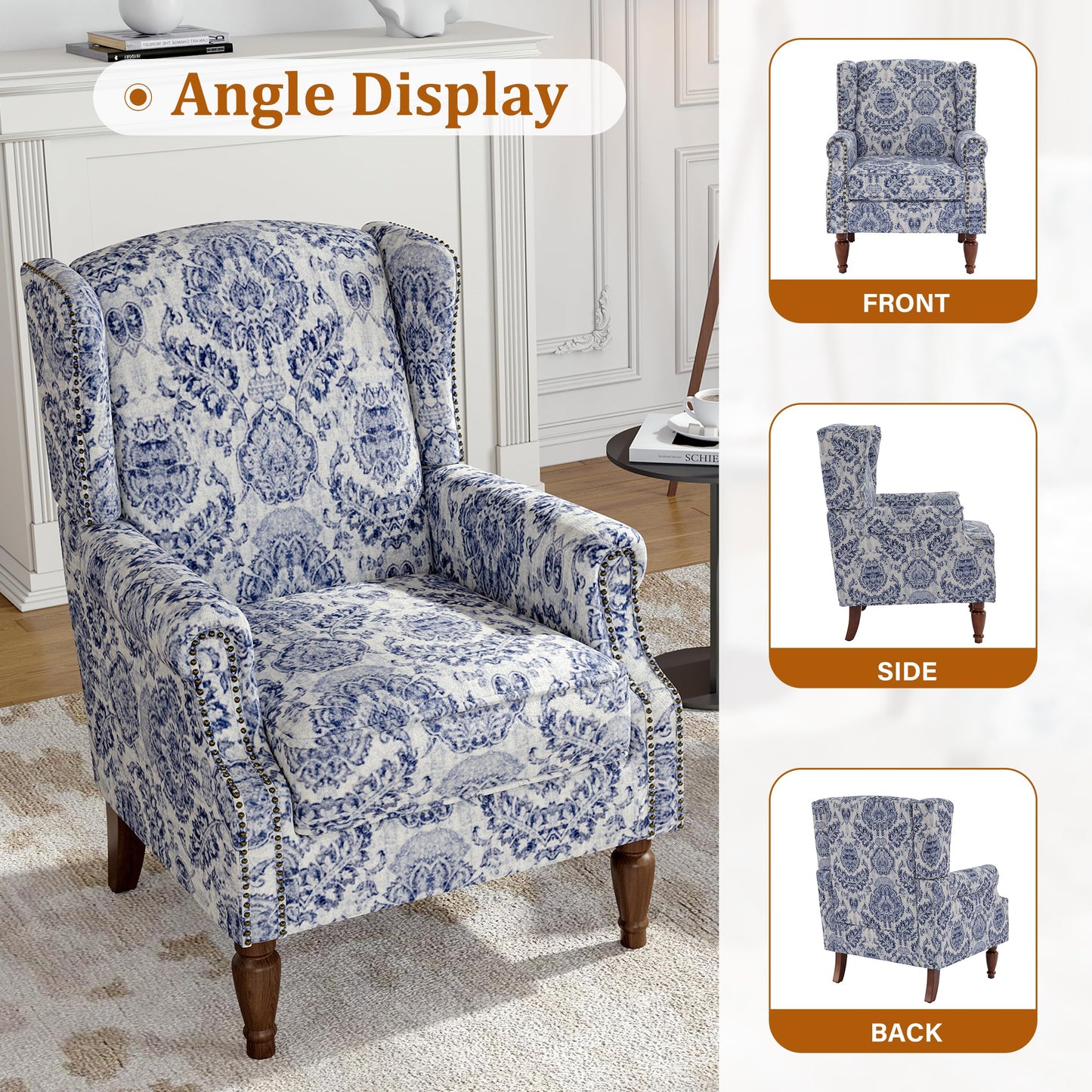 Floral Wingback Accent Chair, High Back Upholstered Armchair, Comfy Fabric Wingback Arms Chairs with Solid Wood Legs, Single Sofa Reading Chair for Bedroom Living Room, Beige