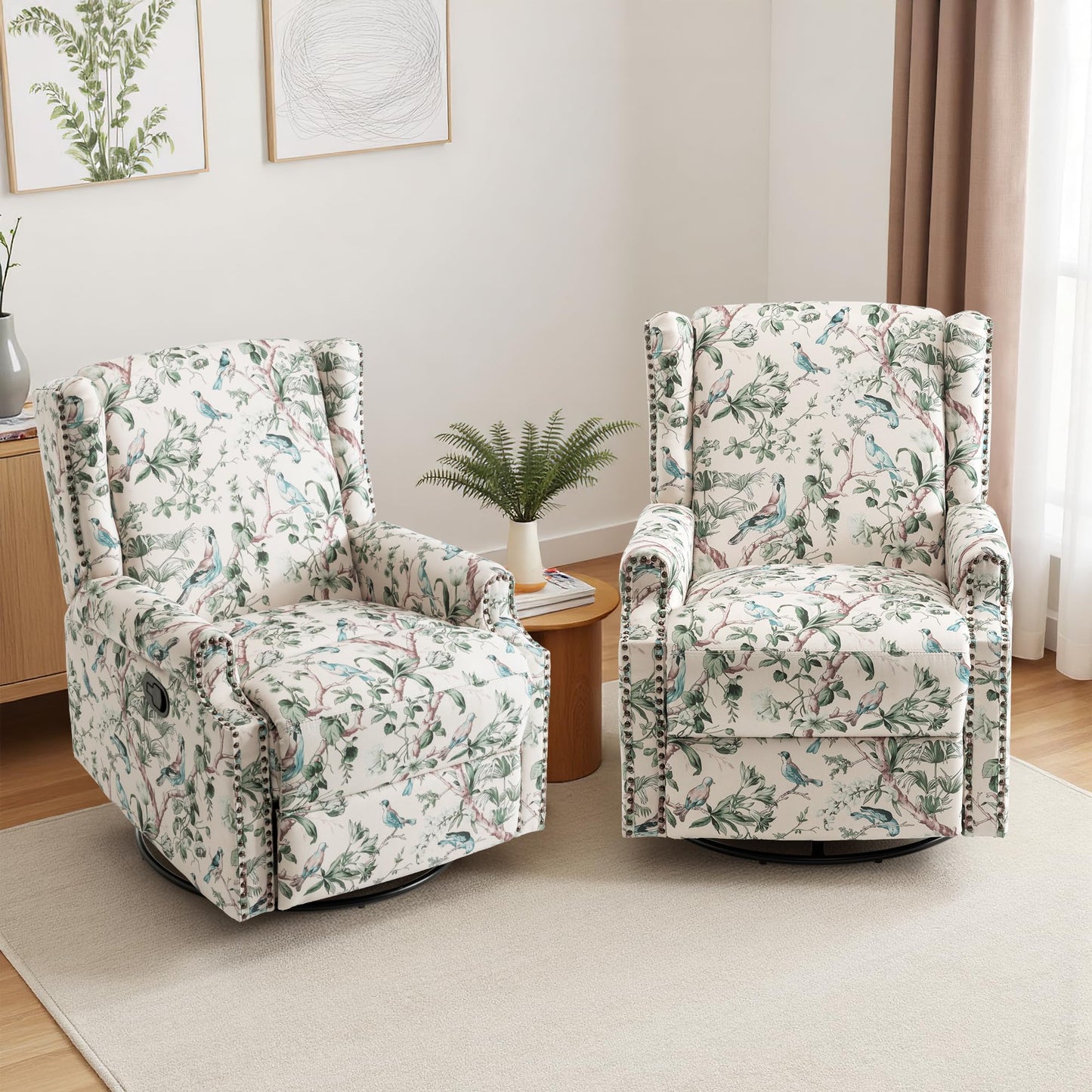 Swivel Rocker Recliner Chair, 360° Swivel Wingback Recliner Chairs for Adults, Upholstered Printed Fabric Glider Rocking Chair with High Back, Deep Seat for Living Romm Bedroom, Bird