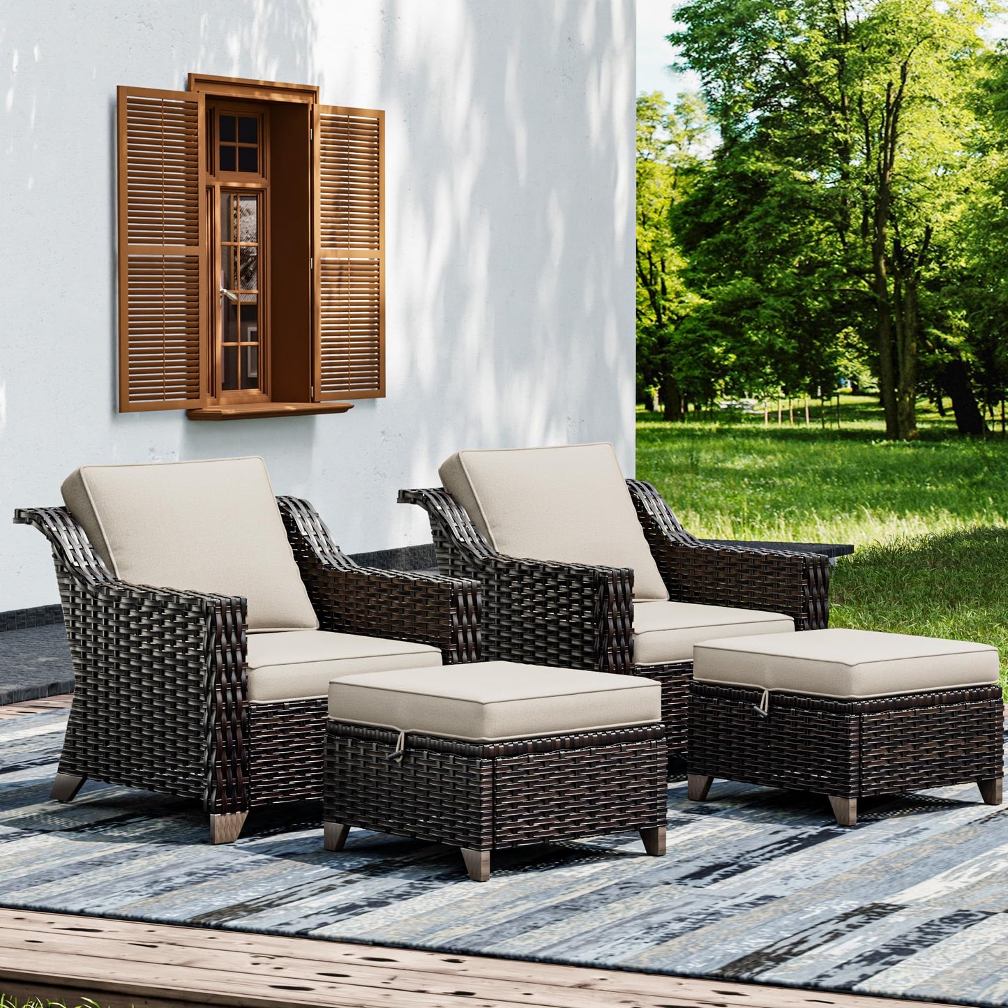 Joyside Patio Sofa - 3 Seater Rattan Sofa, All Weather High Back Sofa, Upgraded Large Size with 4inch Seat Cushions for Backyard, Garden, Poolside (Brown/Blue)