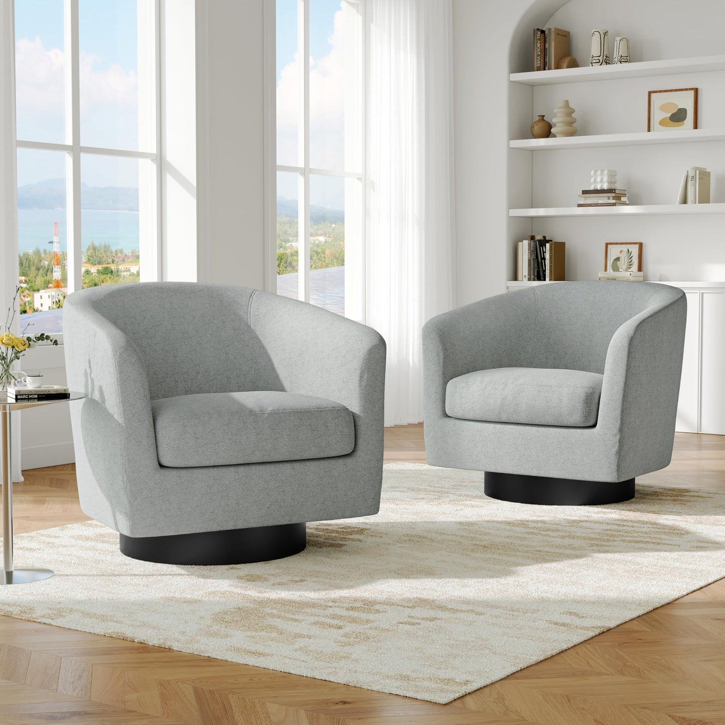 Swivel Barrel Accent Chairs Set of 2, Modern 360° Swivel Round Barrel Chair with Curve Back, Upholstered Velvet Fabric Armchair Single Sofa Club Chair for Living Room, Bedroom, Coffee