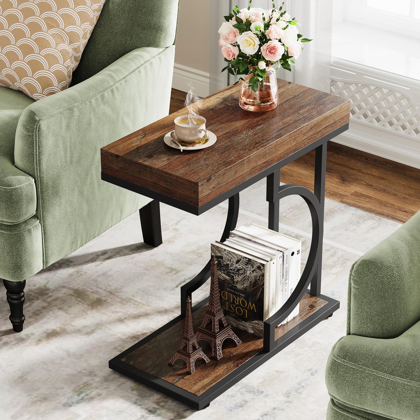 Tribesigns Narrow Side Table for Couch, C Shaped End Table with Metal Frame, Modern Bedside Tables, Small Sofa Tables for Small Spaces, Living Room (1, Brown+Black)