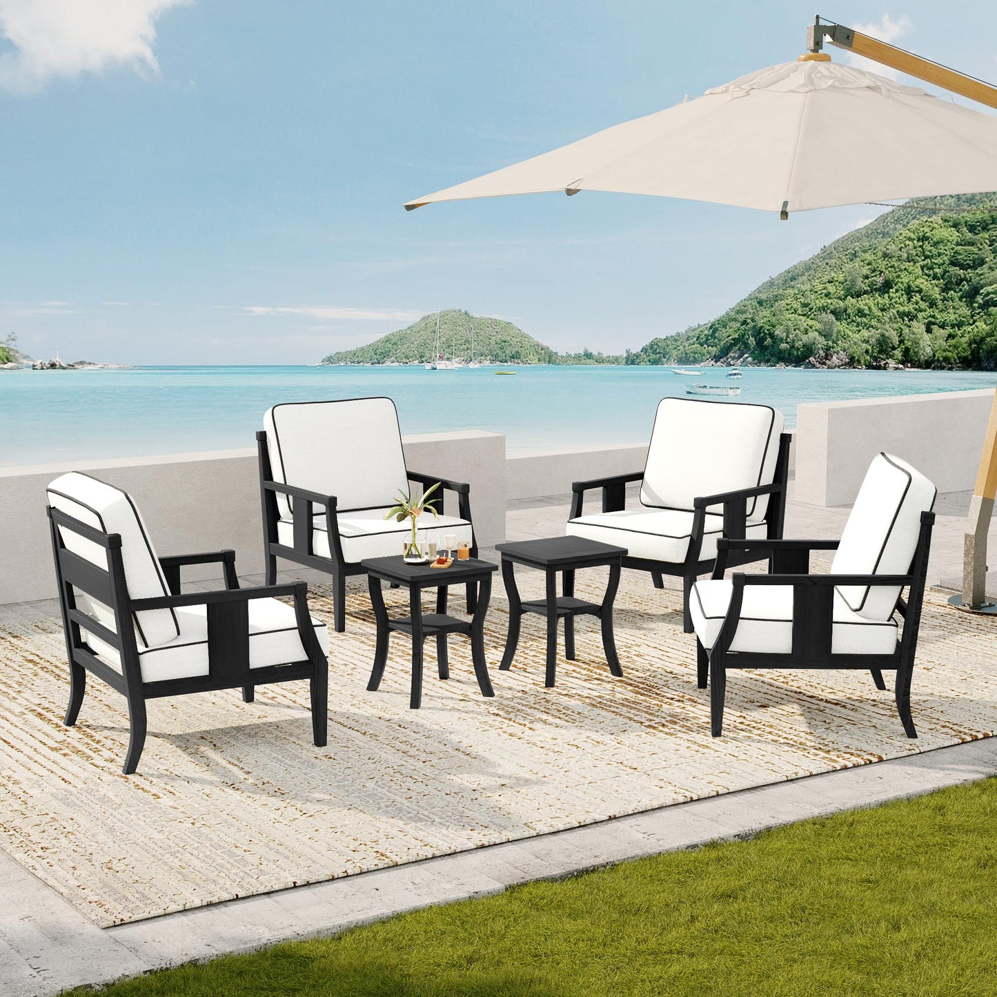 Outdoor Patio Armchairs Set of 2, All-Weather Solid Wood Patio Furniture Sets, Outdoor Sofa Chairs with Washable Thick Cushions for Porch, Balcony, Deck, Black Frame & Gray Cushion