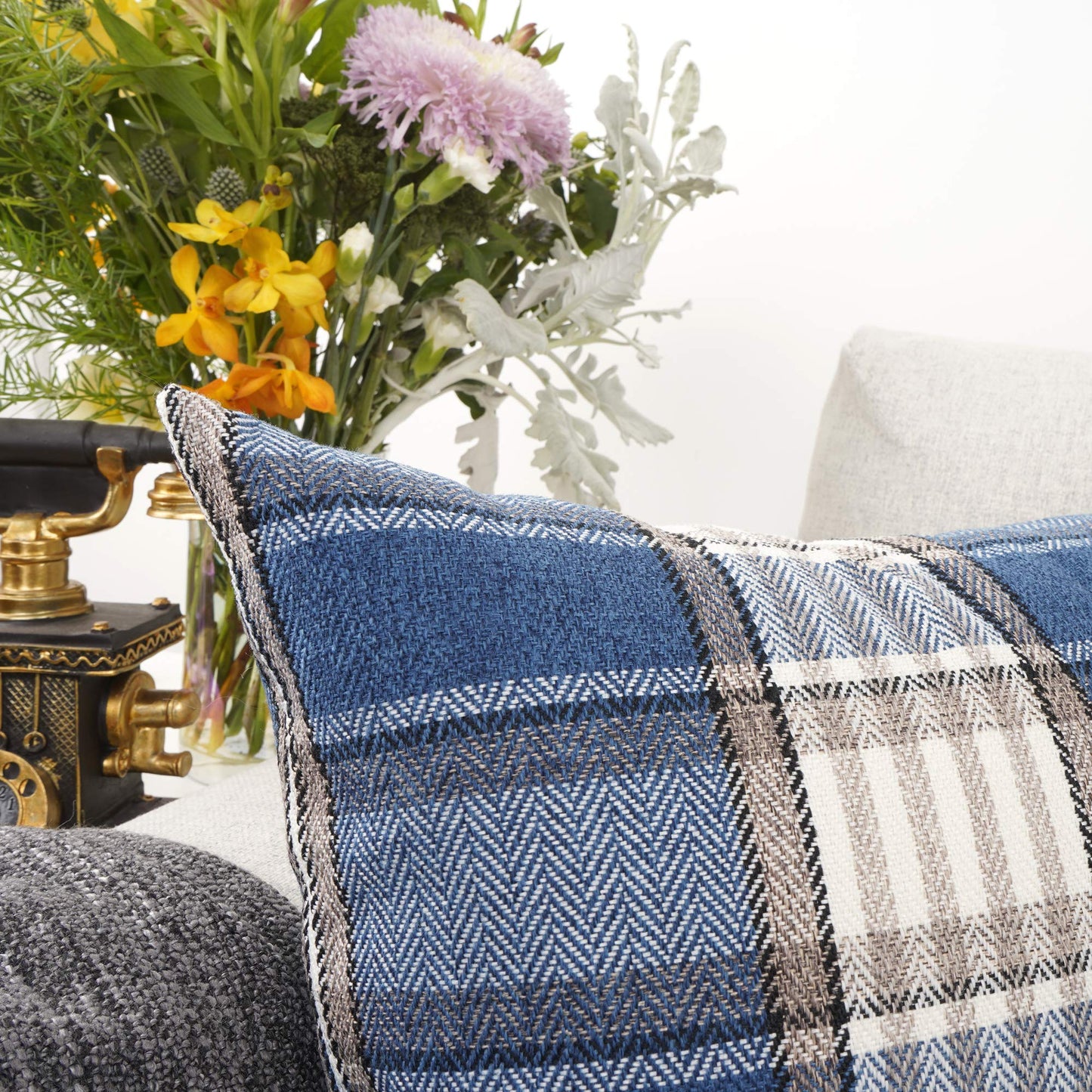 YOUR SMILE Retro Farmhouse Outdoor Buffalo Tartan Chequer Plaid Cotton Linen Decorative Throw Pillow Case Cushion Cover Pillowcase for Sofa 18 x 18 Inch, Set of 2, Khaki/Stripe