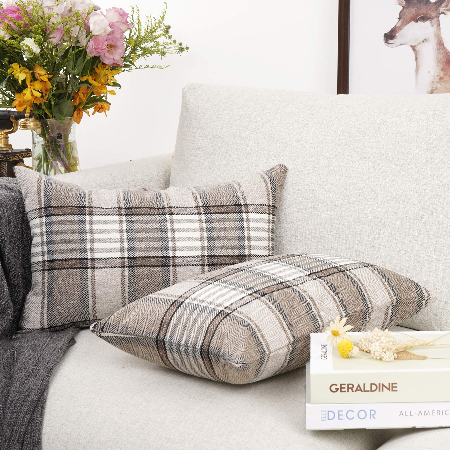 YOUR SMILE Retro Farmhouse Outdoor Buffalo Tartan Chequer Plaid Cotton Linen Decorative Throw Pillow Case Cushion Cover Pillowcase for Sofa 18 x 18 Inch, Set of 2, Khaki/Stripe