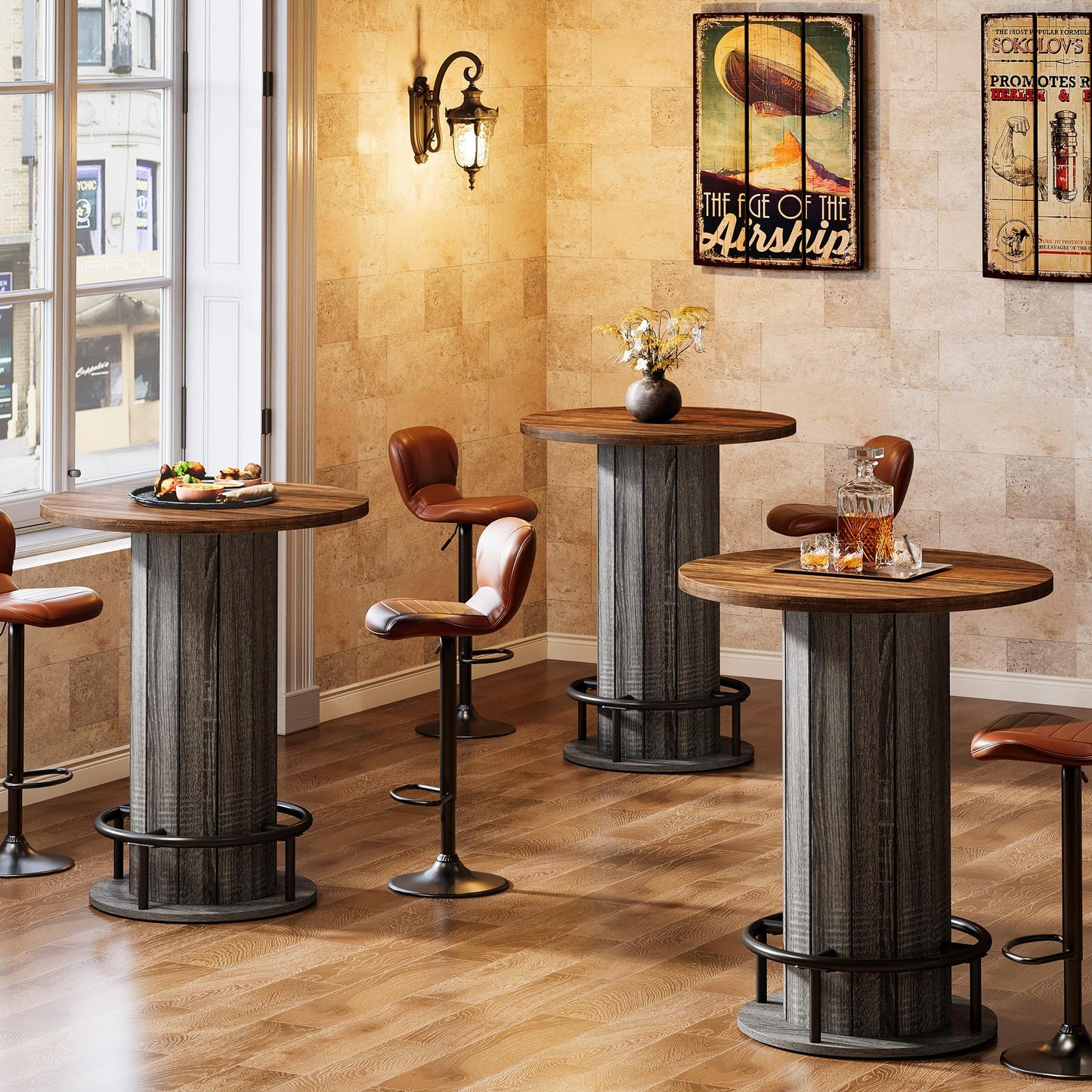 Tribesigns Round Bar Table, 39.4" H Wood Bistro Pub Table with Metal Ring Footrest for Dining Coffee Cocktail Living Room, Small Space, Black (Only Table)