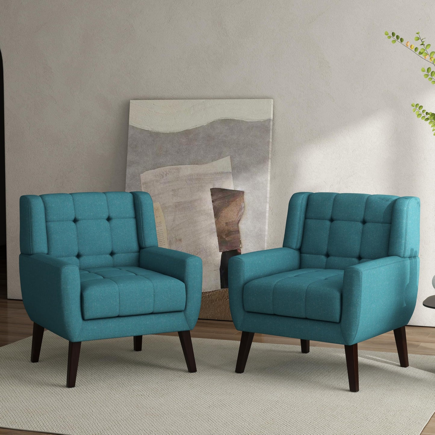 Faux Leather Accent Chairs Set of 2, Mid-Century Modern Upholstered Armchair, Comfy Living Room Chairs Reading Chairs with Button Tufted Back & Solid Wood Legs for Bedroom, Office, Black