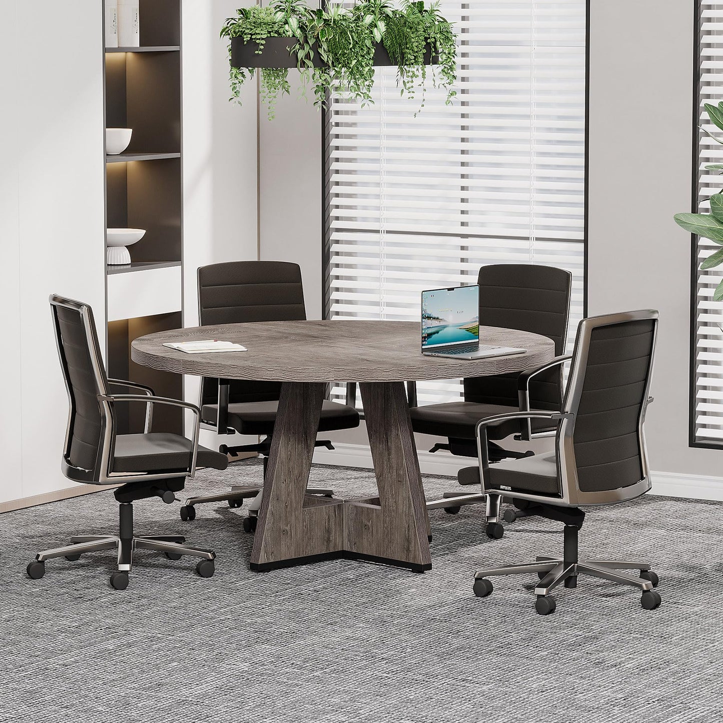Tribesigns 47-Inch Round Conference Table for 4-6 People, Wooden Meeting Room Table with Thicken Tabletop and Wood Base (Grey)