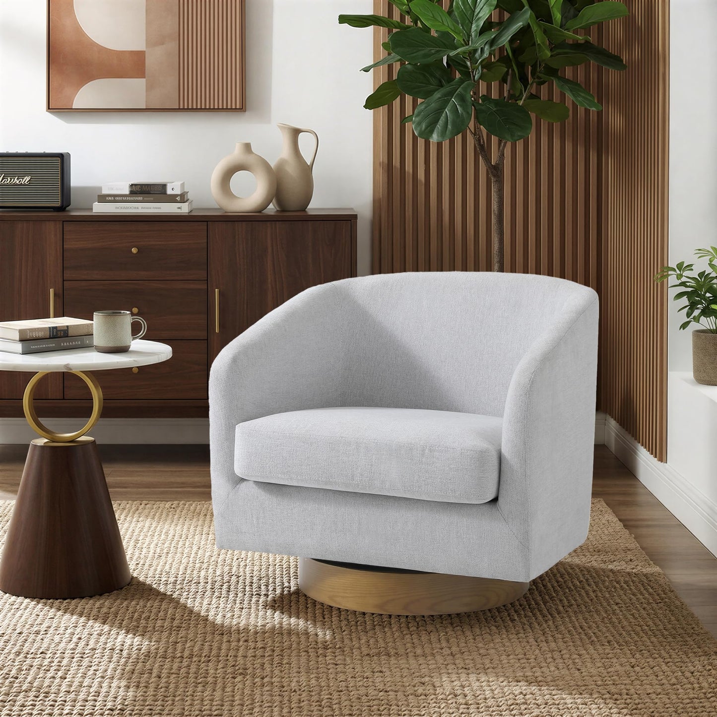 Swivel Barrel Chairs Set of 2, 31" W Modern Faux Leather Round Swivel Accent Chair for Living Room, 360° Rotation Upholstered Armchair Club Chair for Bedroom, Reading Room, Office (Brown)