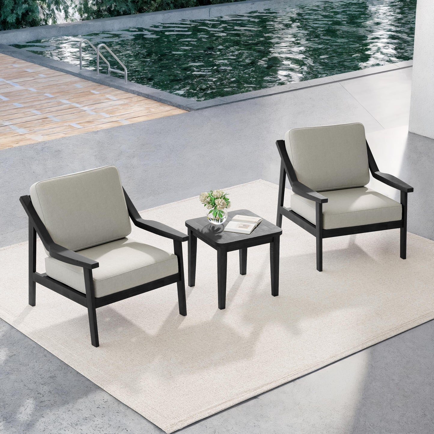 Outdoor Patio Furniture Set, 2 Piece Outdoor Patio Sofa Armchairs with Washable Thick Cushions, All-Weather Solid Wood Patio Bistro Set for Porch, Balcony, Natural Frame & Beige Cushion