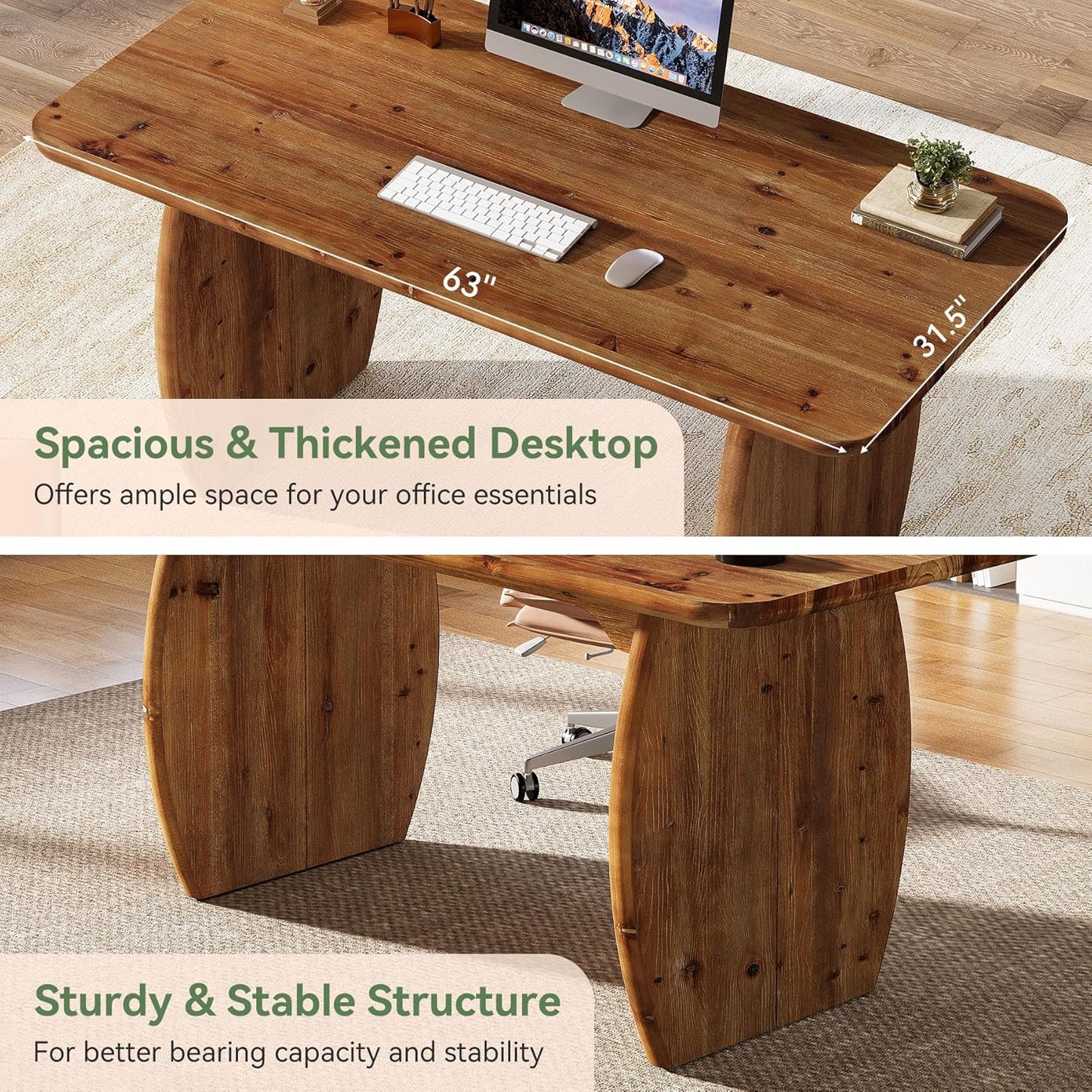 63-Inch Solid Wood Executive Desk, Large Office Computer Desk with Sturdy Wooden Legs, Farmhouse Writing Table Business Workstation for Home Office, Brown