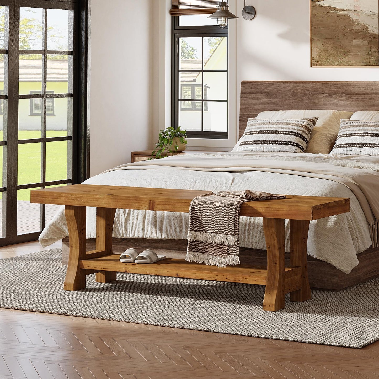 Solid Wood Entryway Bench, 55" End of Bed Bench, Long Indoor Dining Seat for Hallway, Bedroom, Living Room, Dining Room, Easy Assembly, Brown
