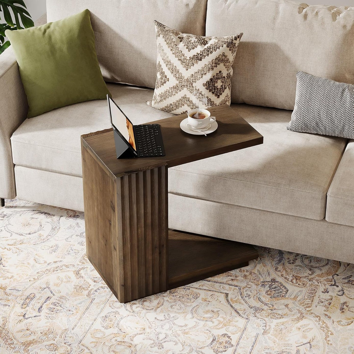 Solid Wood Side Table, C Shaped Narrow Sofa End Table with Fluted Panels and Storage Shelf, Space-Saving Small Nightstand for Small Spaces, Living Room, Bedroom, Vintage Brown