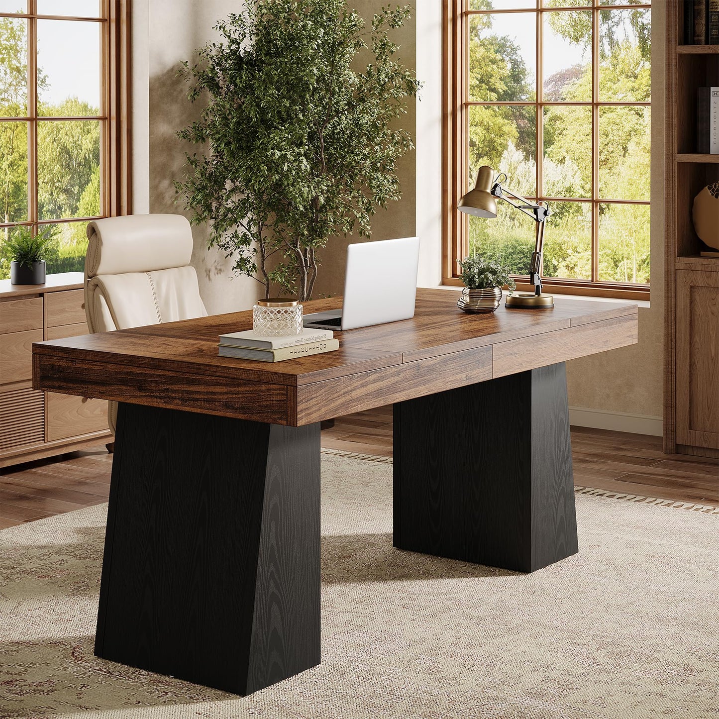 Tribesigns 55" Executive Desk, Wooden Office Desk with Double Pedestal, Modern Simple Computer Writing Table for Home Office, Light Brown