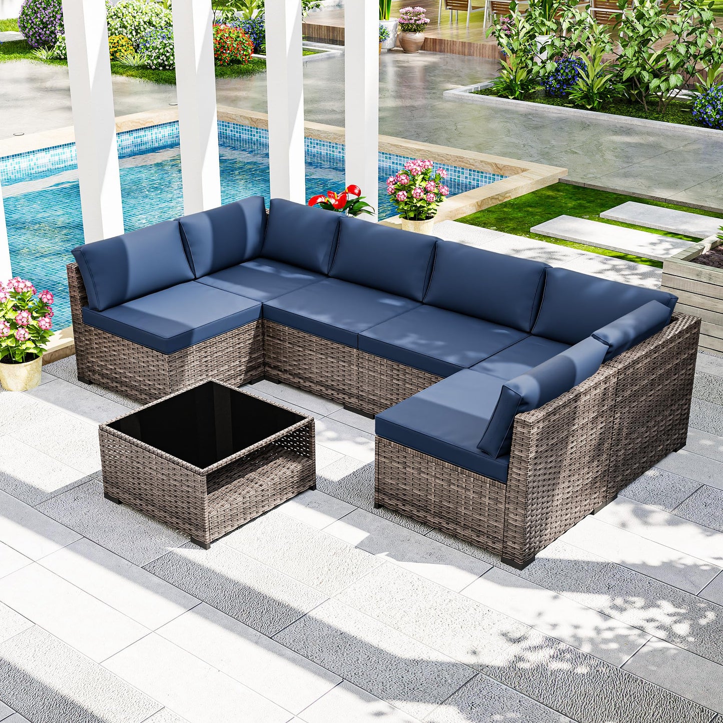 Joyside 5-Piece Patio Furniture Set, Rattan Outdoor Sectional Wicker Patio Conversation Set with Cushions and Coffee Table