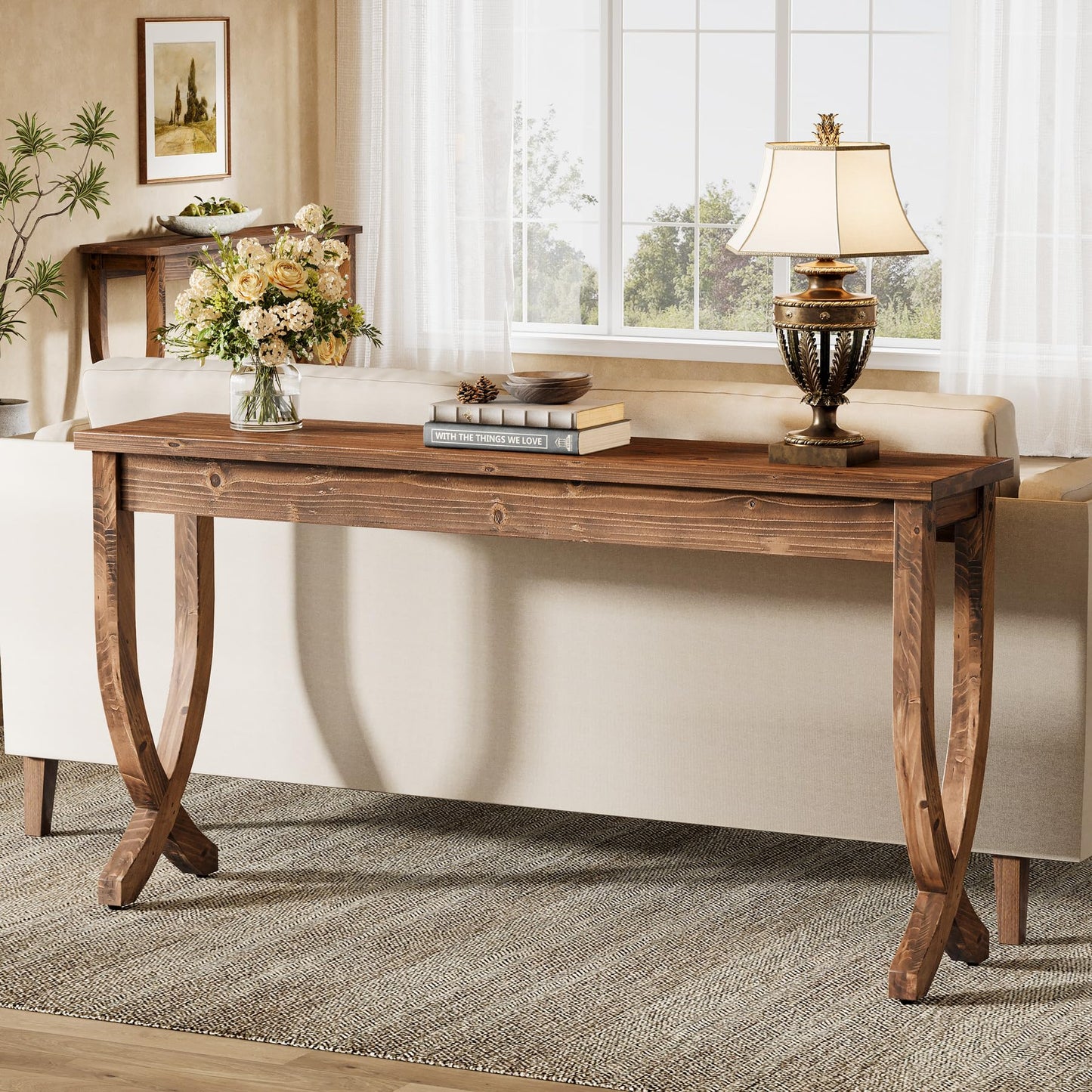 Solid Wood Console Table for Entryway, 63-Inch Narrow Long Sofa Table, Farmhouse Hallway Table for Living Room, Entrance, Foyer (Brown)