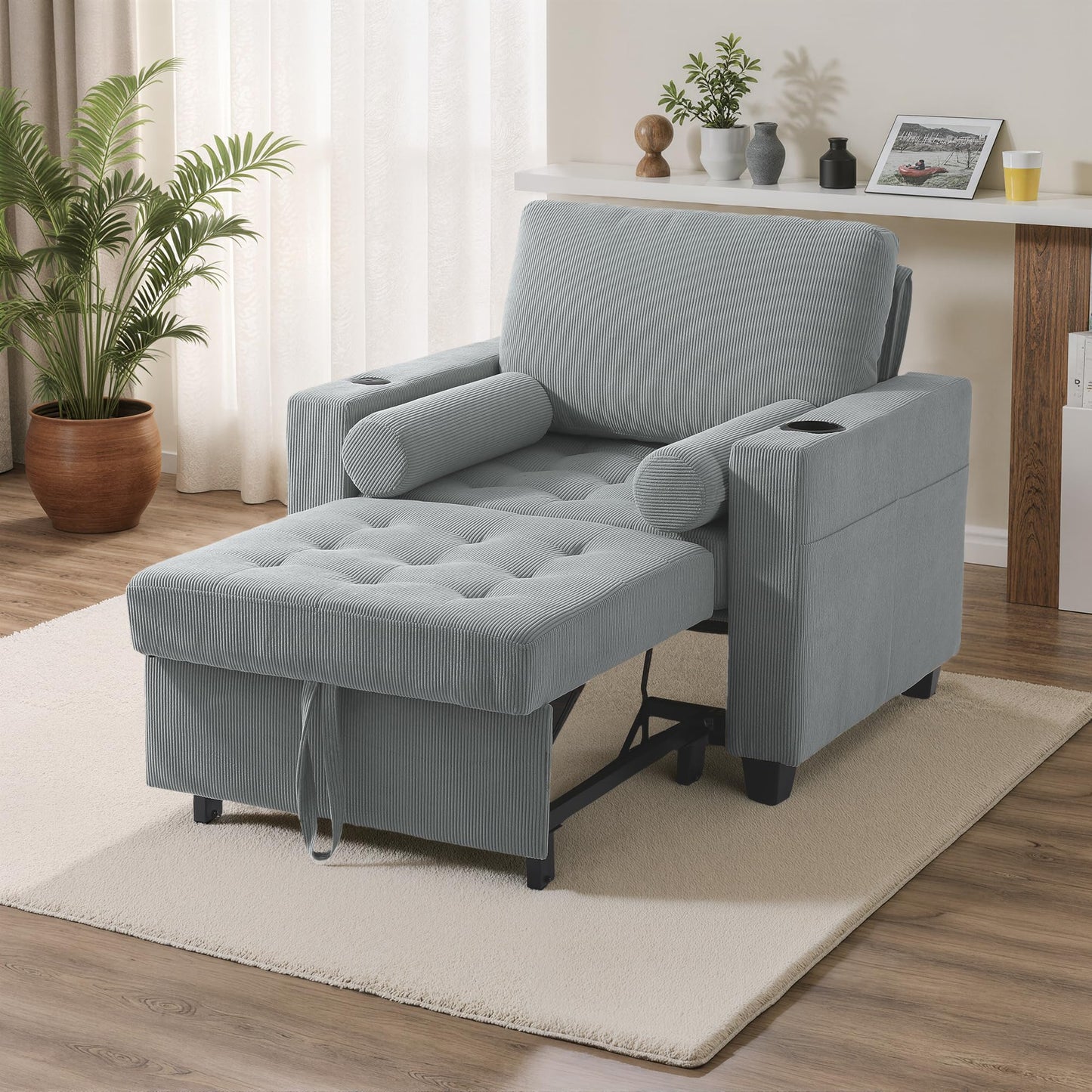 Sleeper Sofa Chair Bed, 3-in-1 Convertible Sleeper Chair with Pull Out Bed, Comfy Corduroy Sofa Bed Couch with Reclining Adjustable Backrest, USB Ports, Cup Holder, Side Pocket (Gray, 38.8")