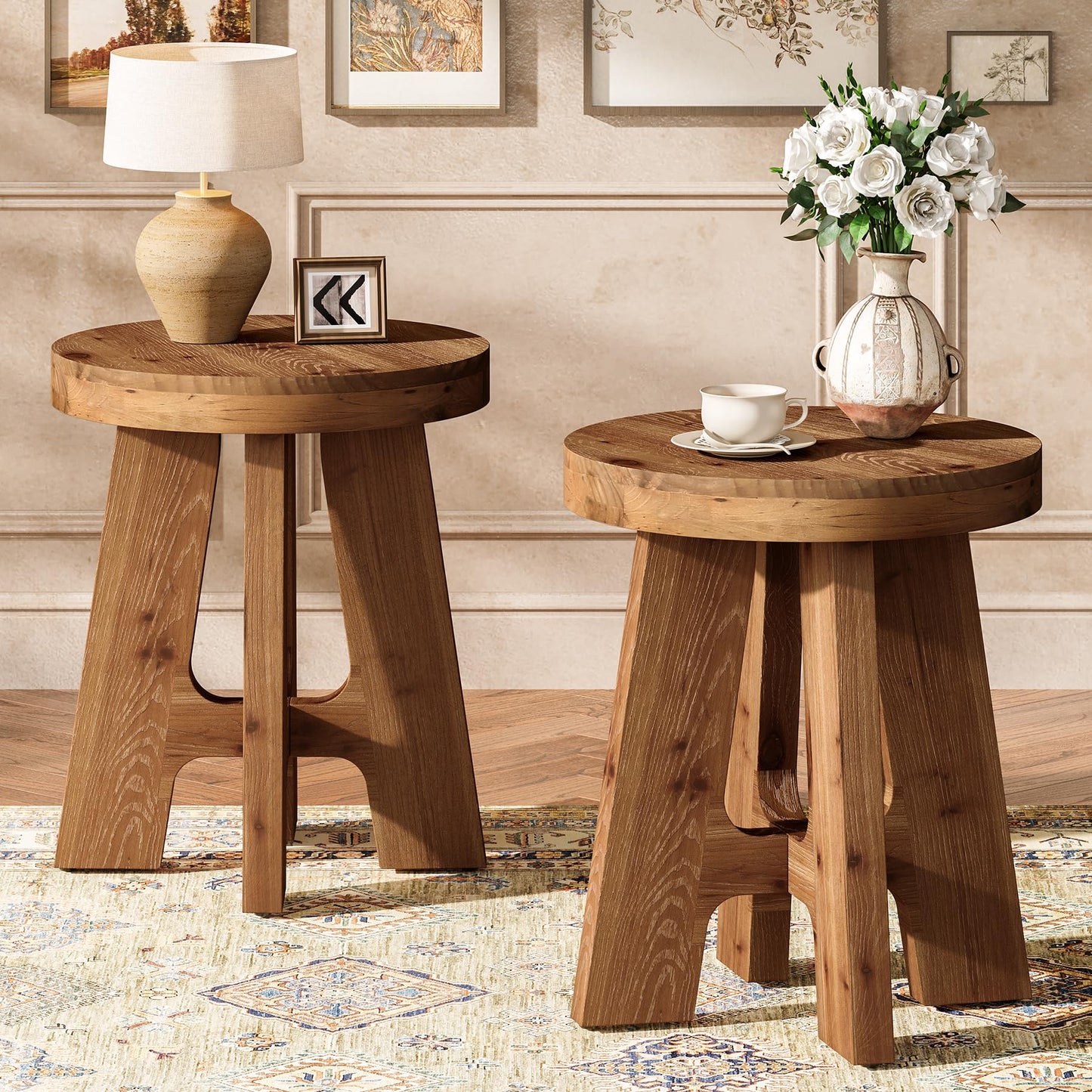 Set of 2 Round End Table, Farmhouse Solid Wood Side Table for Couch, Mid Century Modern Side Table with Heavy-Duty Leg, Wood Bedside Table for Bedroom, Small Spaces, Walnut