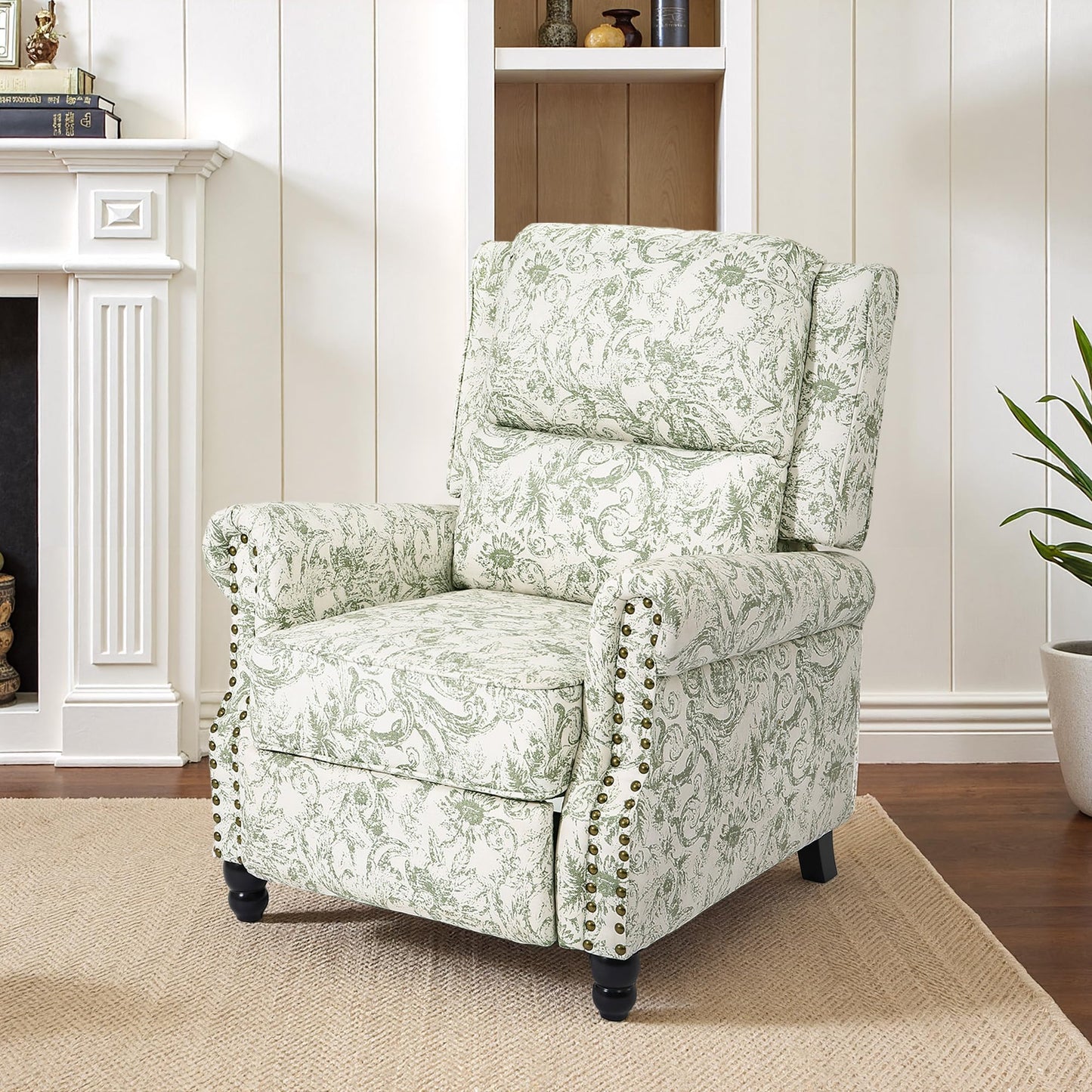 Pushback Recliner Chairs Set of 2, Comfy Fabric Wingback Recliner Chair, Upholstered Armchair Push Back Recliner with Wood Legs, Rivet Trim Accent Chair for Living Room, Bedroom, Blue Stripe