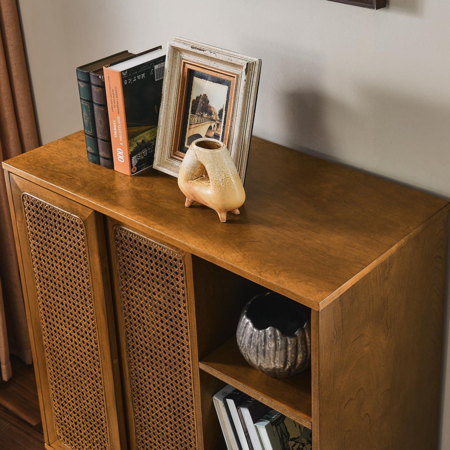 LKTART Mid Century Modern Storage Cabinet with Rattan Sliding Doors and Open Shelves, Boho Style Wooden Sideboard Buffet for Living Room,Dark Walnut
