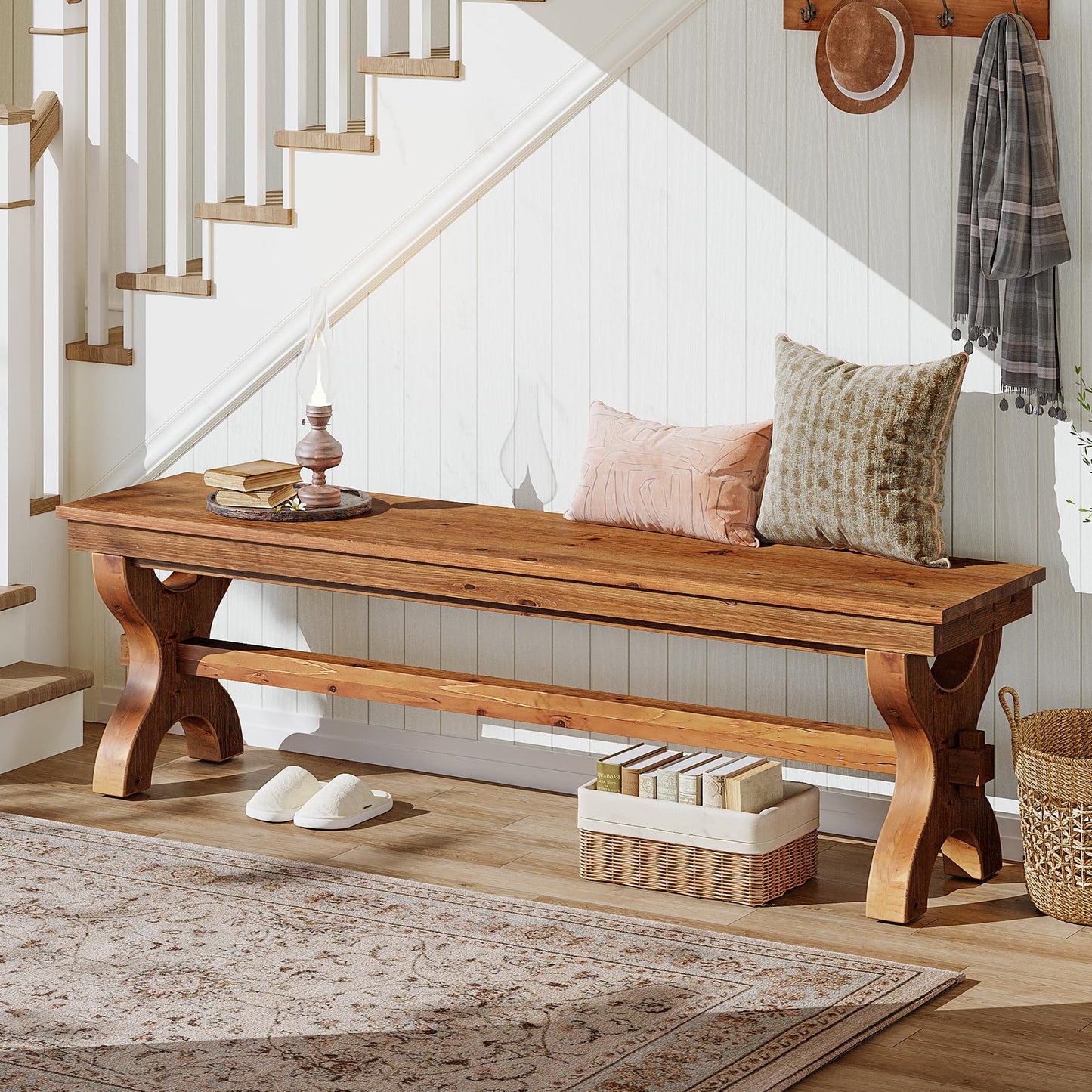 Solid Wood Entryway Bench, 55-Inch Farmhouse Indoor Bench, Narrow Hallway Seat for Living Room, Bedroom (1, Brown)