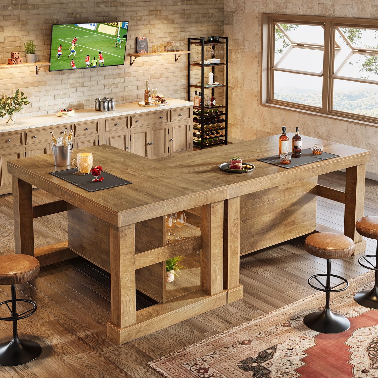 Tribesigns 55" Kitchen Island with Seating and Storage, 3-Tier Farmhouse Wood Stationary Island Table with Large Worktop & Leg Room, Coffee Bar Table with Storage Shelves for Kitchen, White and Brown