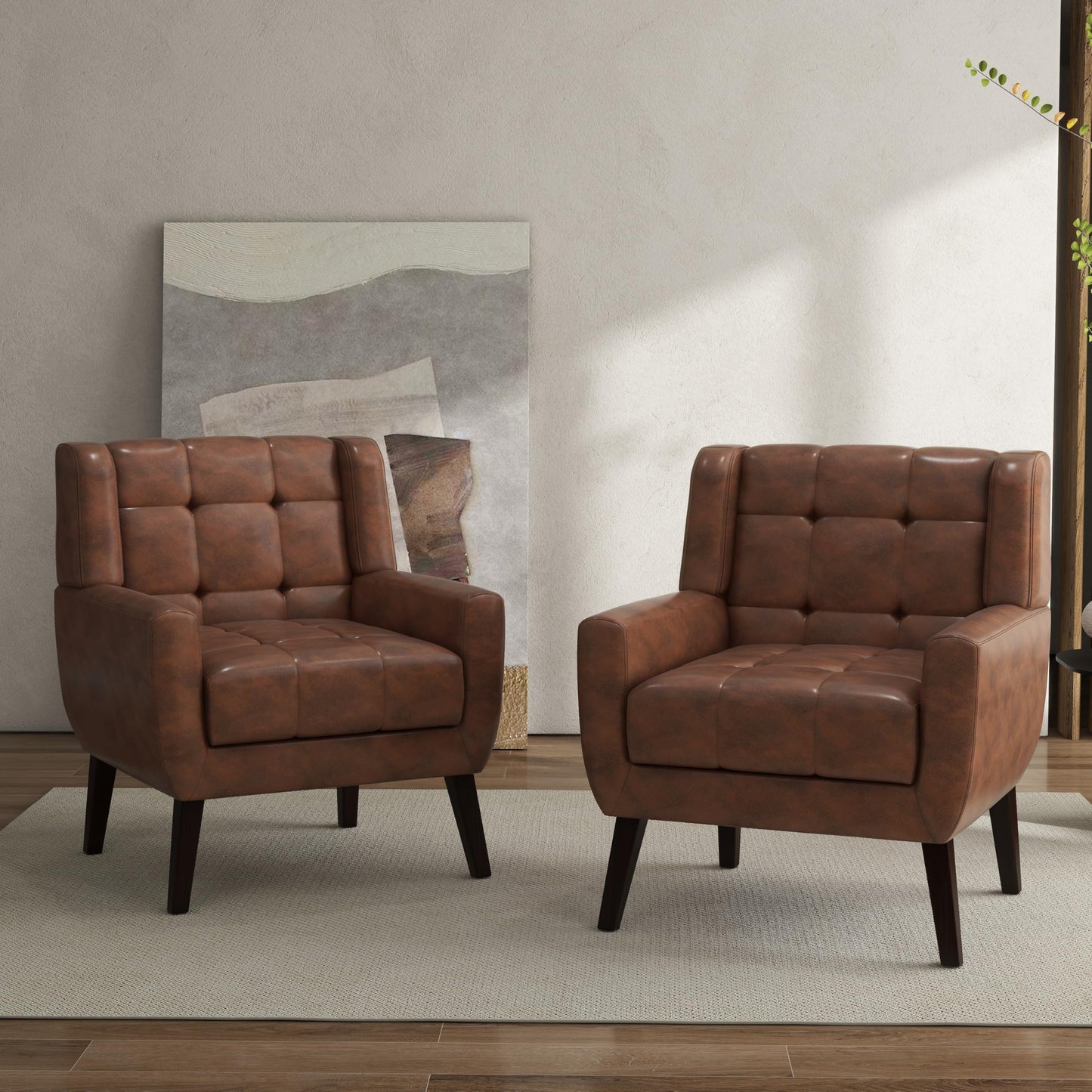 Faux Leather Accent Chairs Set of 2, Mid-Century Modern Upholstered Armchair, Comfy Living Room Chairs Reading Chairs with Button Tufted Back & Solid Wood Legs for Bedroom, Office, Black