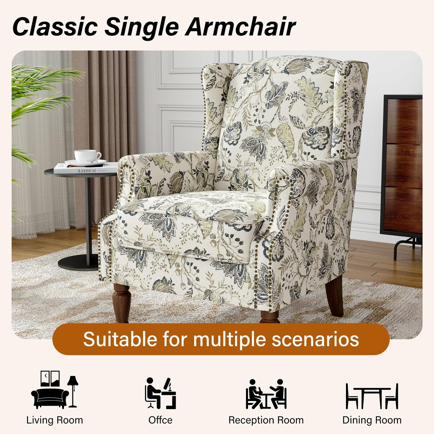 Floral Wingback Accent Chair, High Back Upholstered Armchair, Comfy Fabric Wingback Arms Chairs with Solid Wood Legs, Single Sofa Reading Chair for Bedroom Living Room, Beige