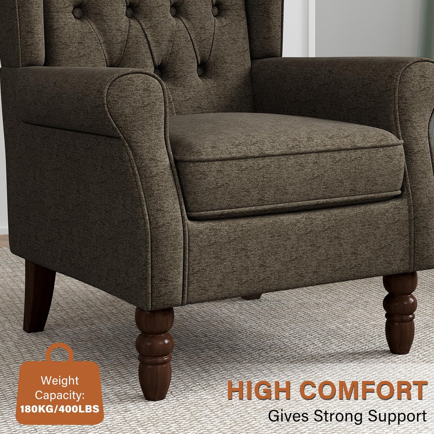 Faux Leather Wingback Chairs Set of 2, High Back Accent Chair for Living Room, Button-Tufted Upholstered Armchair with Solid Wood Legs, Comfy Reading Chair for Bedroom, Brown