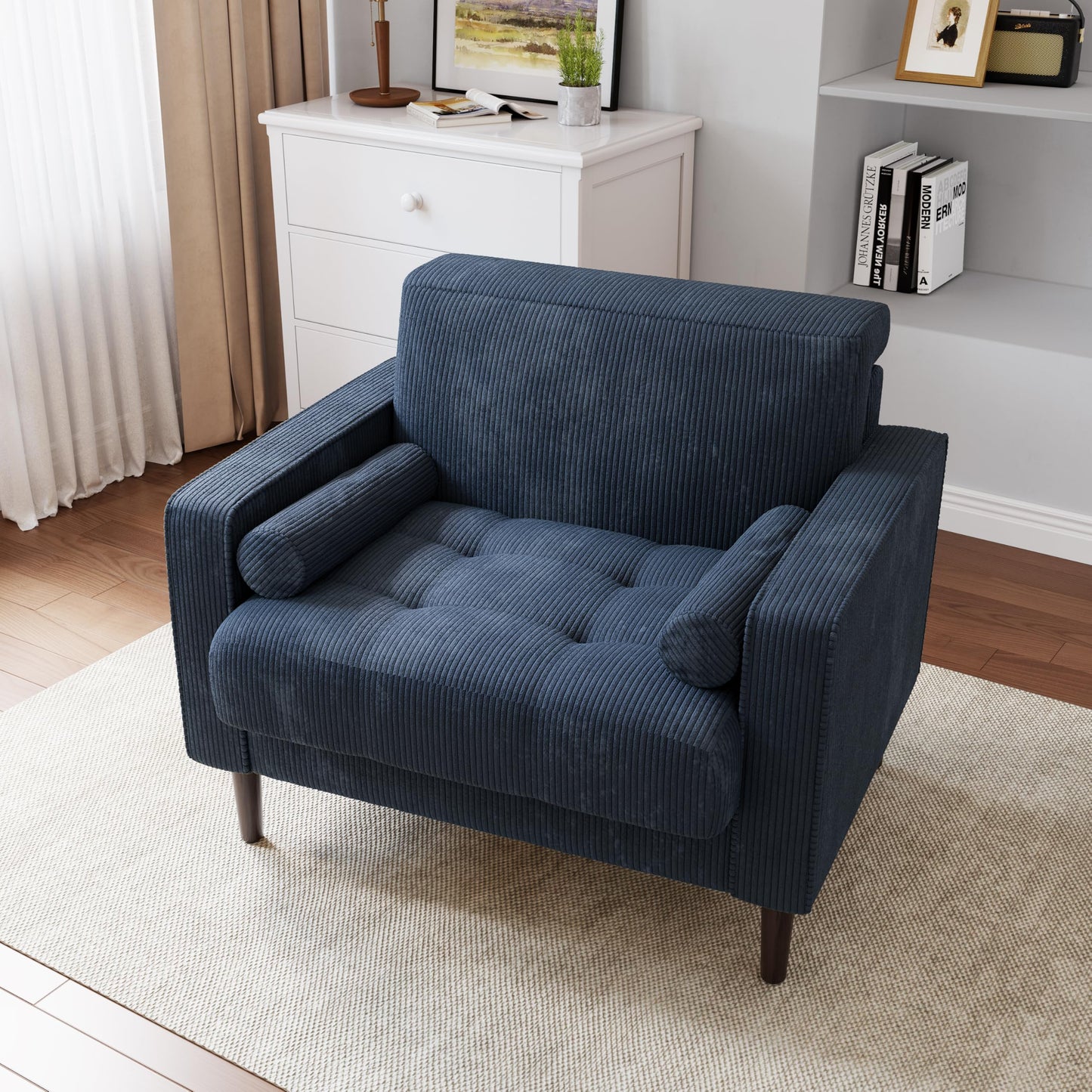 34.5" Arm Chair, Corduroy Fabric Modern Accent Chair, Comfy Upholstered Armchair Reading Chair with Solid Wood Legs for Living Room Bedroom Office, Yellow