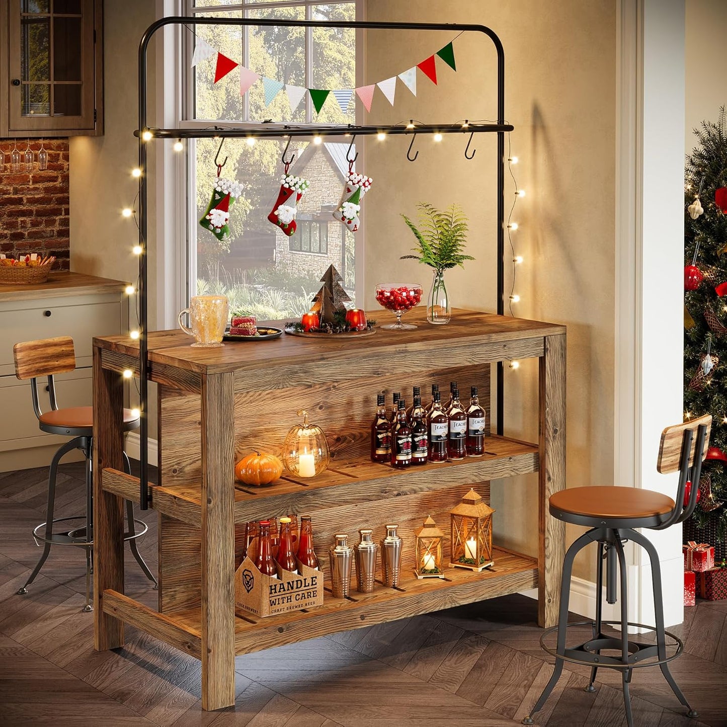 47-Inch Solid Wood Bar Table, 3-Tier Industrial Home Bar Unit with Storage Shelves, Counter Height Pub Bar Dining Table for Kitchen, Dining Room, Living Room, 5 Hooks, Rustic Brown