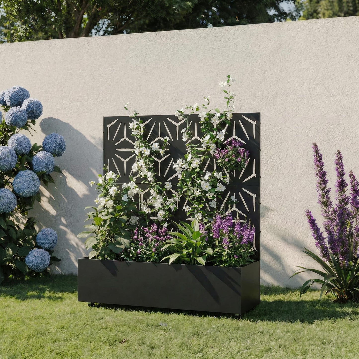 Metal Raised Garden Bed with Trellis and Wheels, 71"x47"x16" Planter Box with Privacy Screen & Drainage Holes, Arched Outdoor Garden Bed for Climbing Plants, Vegetables, Flowers (Black-Square)