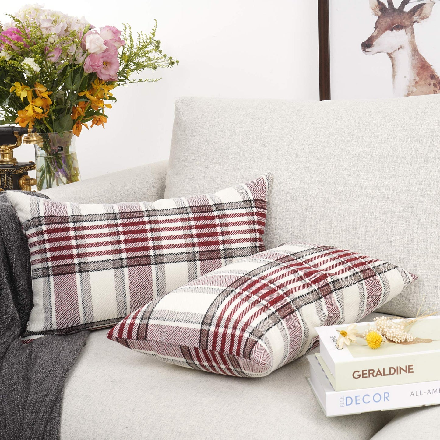 YOUR SMILE Retro Farmhouse Outdoor Buffalo Tartan Chequer Plaid Cotton Linen Decorative Throw Pillow Case Cushion Cover Pillowcase for Sofa 18 x 18 Inch, Set of 2, Khaki/Stripe