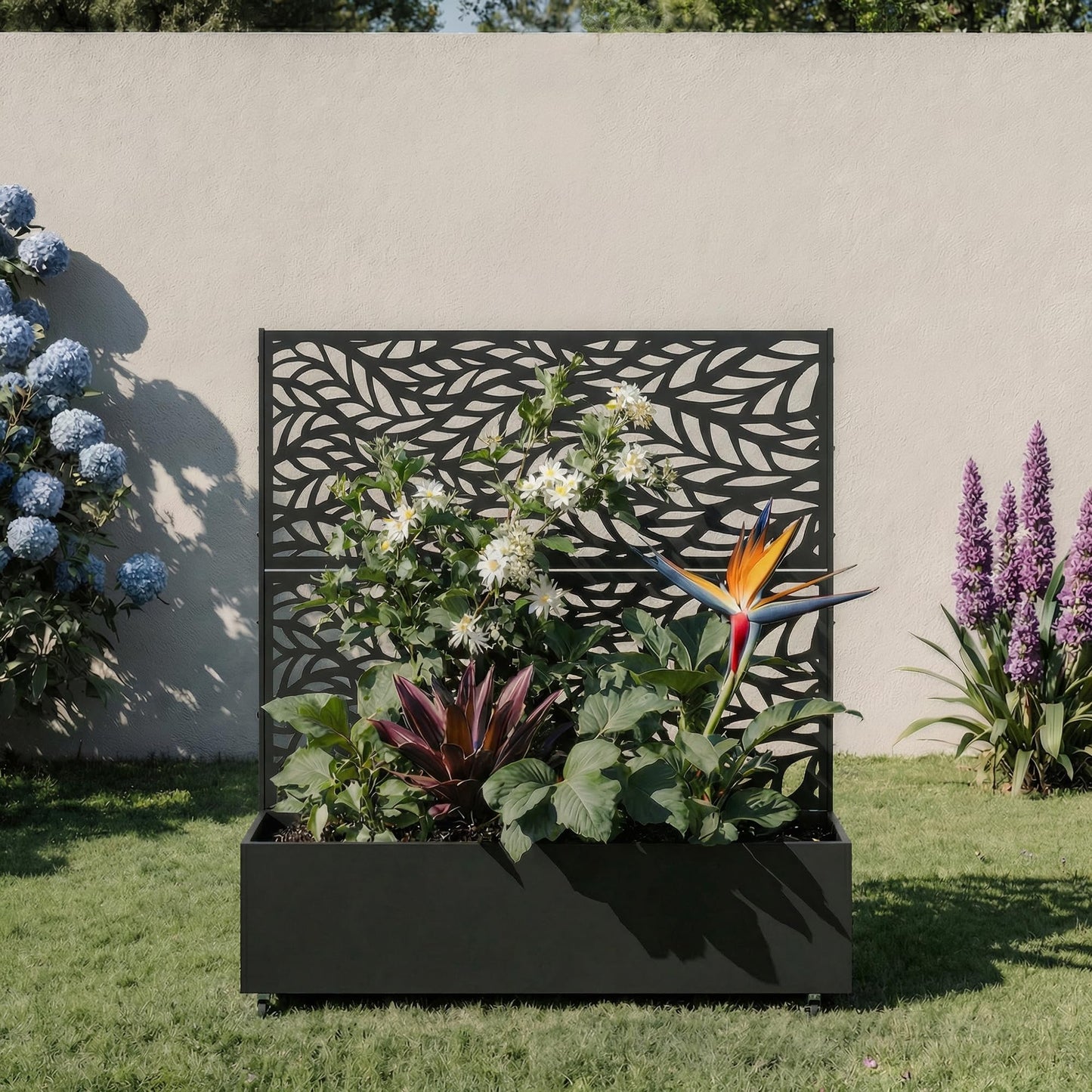 Metal Raised Garden Bed with Trellis and Wheels, 71"x47"x16" Planter Box with Privacy Screen & Drainage Holes, Arched Outdoor Garden Bed for Climbing Plants, Vegetables, Flowers (Black-Square)