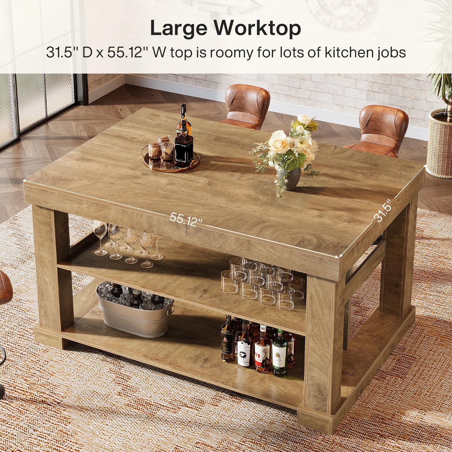 Tribesigns 55" Kitchen Island with Seating and Storage, 3-Tier Farmhouse Wood Stationary Island Table with Large Worktop & Leg Room, Coffee Bar Table with Storage Shelves for Kitchen, White and Brown