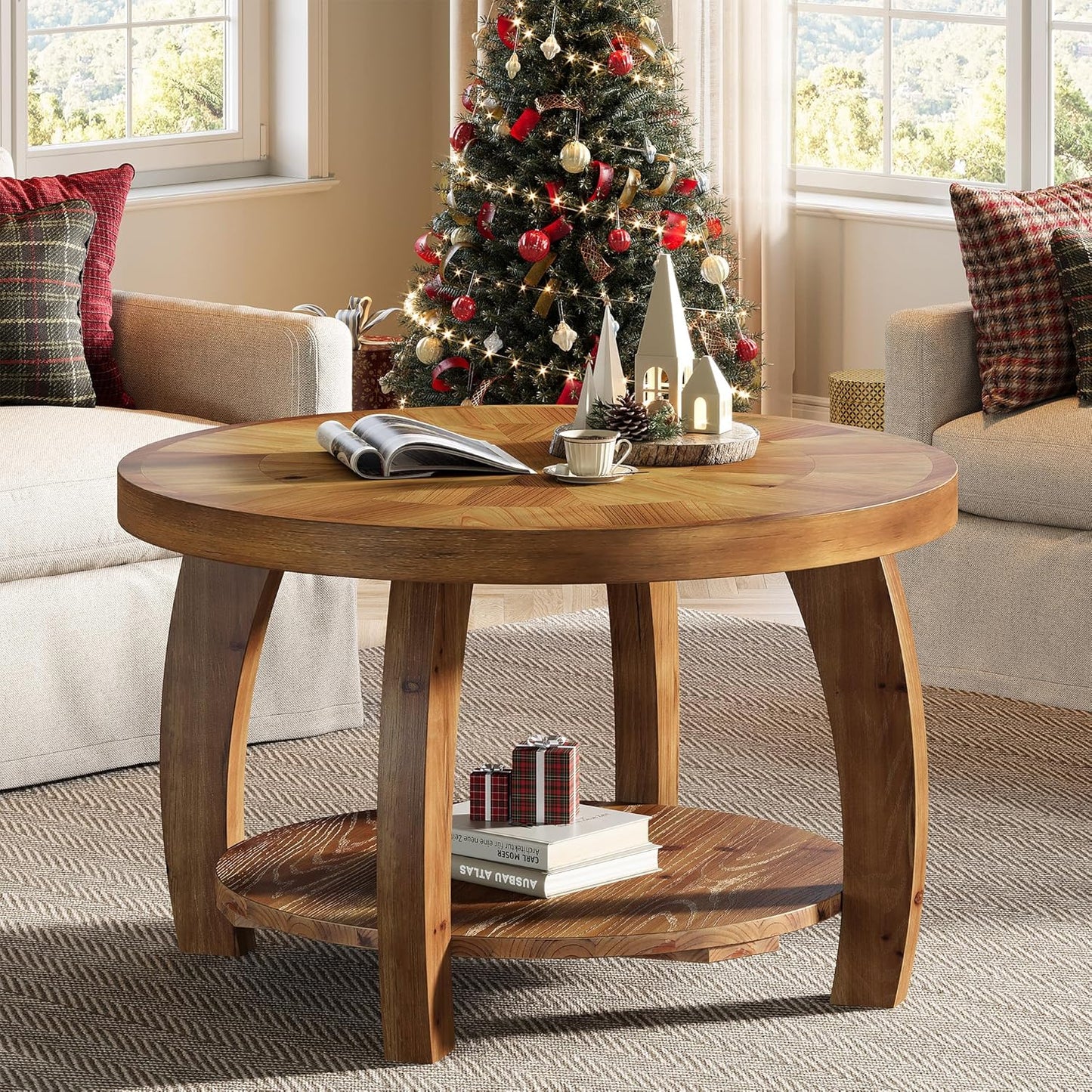 Solid Wood Round Coffee Table, 2-Tier Center Table with Storage, 31.5 Inch Wood Tabletop with Mosaic Pattern, Easy Assembly, for Living Room, Brown