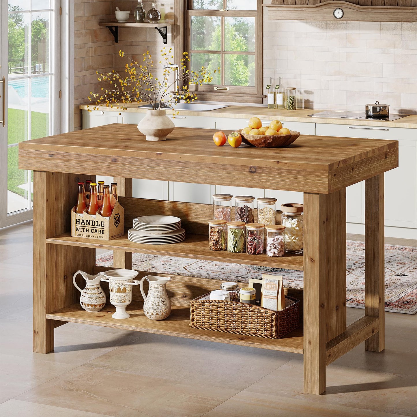 Solid Wood Large Kitchen Island, 3-Tier 55 Inch Stationary Center Island Table with Open Storage Shelves, Farmhouse Counter Height Coffee Bar for Kitchen, Dining Room, Living Room, Brown