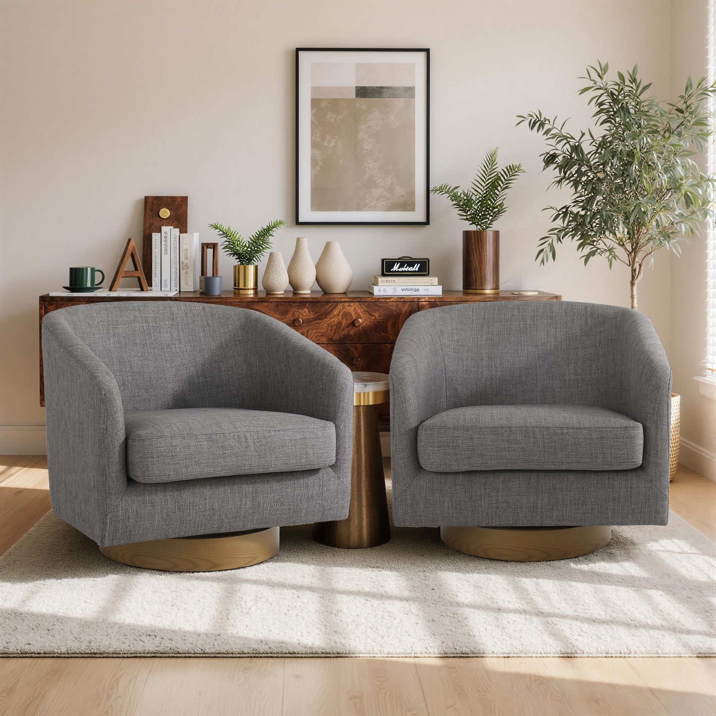 Swivel Barrel Chairs Set of 2, 31" W Modern Faux Leather Round Swivel Accent Chair for Living Room, 360° Rotation Upholstered Armchair Club Chair for Bedroom, Reading Room, Office (Brown)