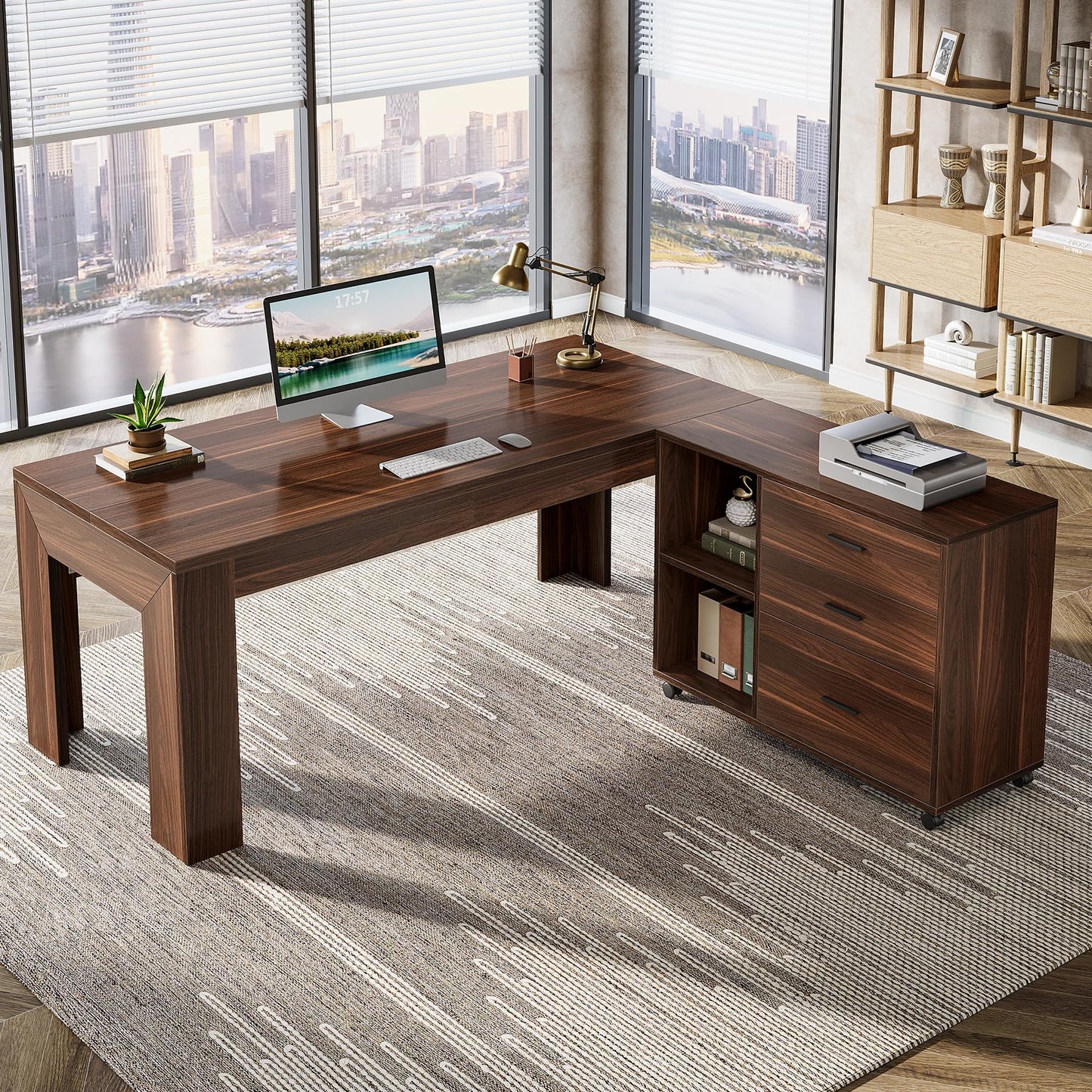Tribesigns 63" L Shaped Desk with Storage, Executive Office Desk with Rolling File Cabinet Combo, Large Computer Table with Drawers and Shelves, Business Furniture Set for Home Office, Brown