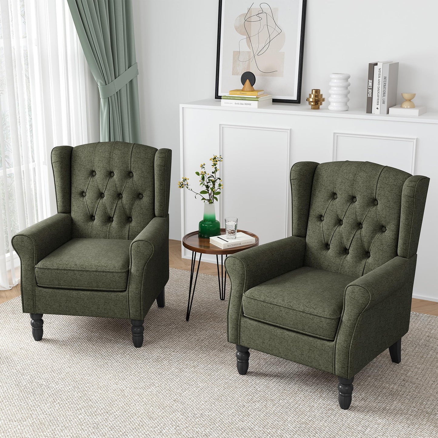 Faux Leather Wingback Chairs Set of 2, High Back Accent Chair for Living Room, Button-Tufted Upholstered Armchair with Solid Wood Legs, Comfy Reading Chair for Bedroom, Brown