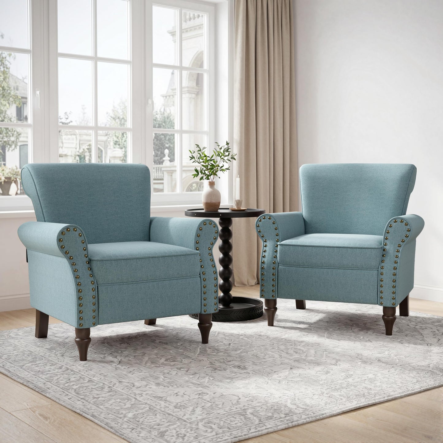 Wingback Accent Chairs Set of 2, Mid-Century Modern Upholstered Armchair Living Room Chair with Nailhead Trim & Rolled Armrest, Comfy Lounge Chair Single Sofa Chair for Bedroom, Light Blue