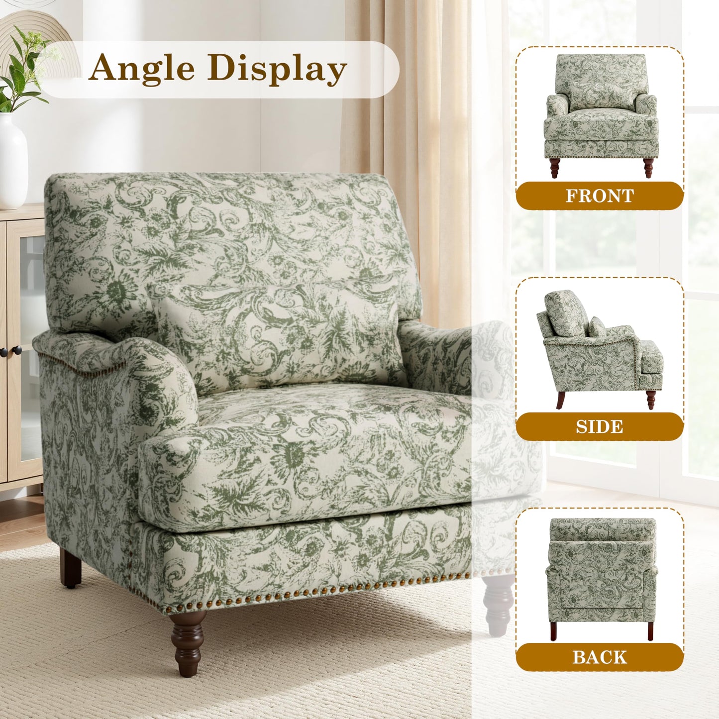 Accent Chair for Living Room, Upholstered Armchair with Nailhead Trim & Solid Wood Legs, Mid Century Modern Club Chair for Bedroom/Reading Room, Rococo Green