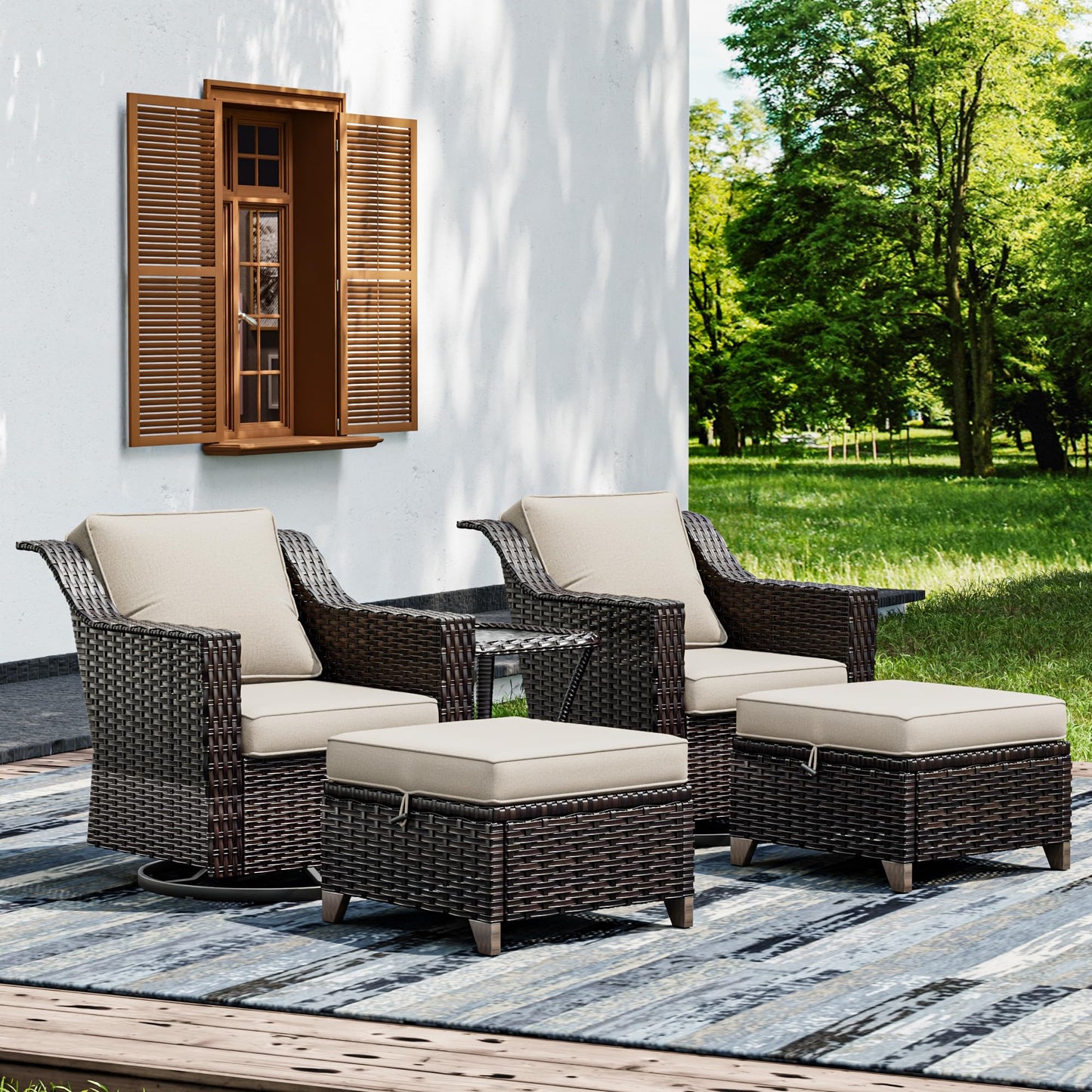 Joyside Patio Sofa - 3 Seater Rattan Sofa, All Weather High Back Sofa, Upgraded Large Size with 4inch Seat Cushions for Backyard, Garden, Poolside (Brown/Blue)