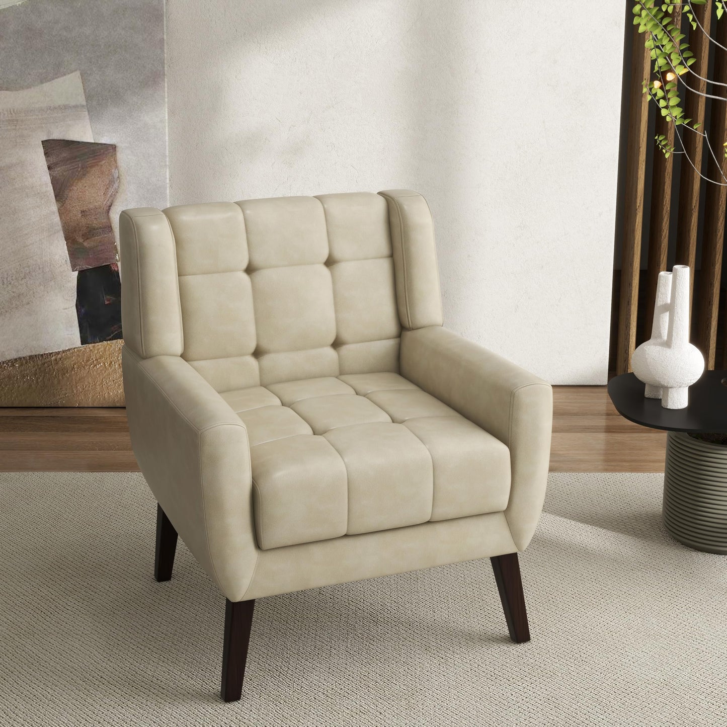 Faux Leather Accent Chairs Set of 2, Mid-Century Modern Upholstered Armchair, Comfy Living Room Chairs Reading Chairs with Button Tufted Back & Solid Wood Legs for Bedroom, Office, Black