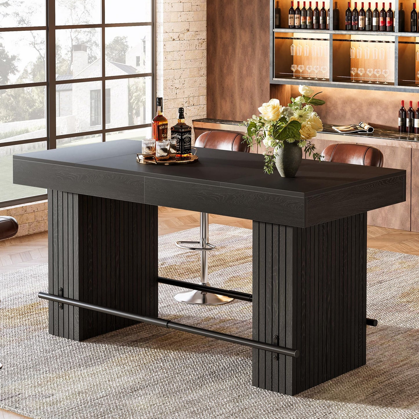 Tribesigns 62.2 Inch Bar Table, Industrial Counter Height Pub Dining Table, Rectangular Home Bar Units with Metal Footrest for Home Kitchen, Dining Room, Bistro, Brown and Dark Grey