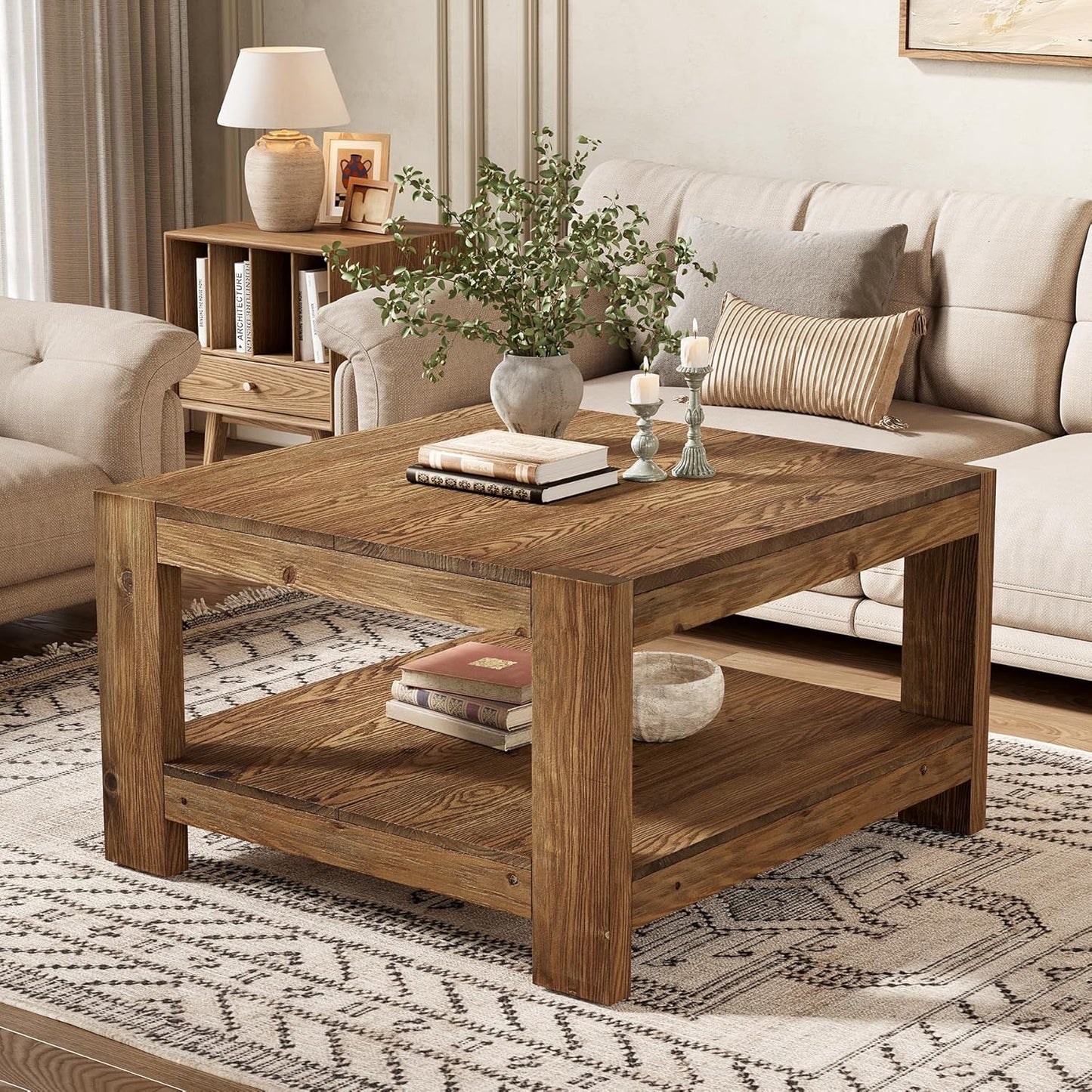 Solid Wood Coffee Table, 31.5" Square Farmhouse Center Table with Storage Shelf for Living Room, 2-Tier Cocktail Accent Tea Furniture for Small Space, Office, Rustic Brown